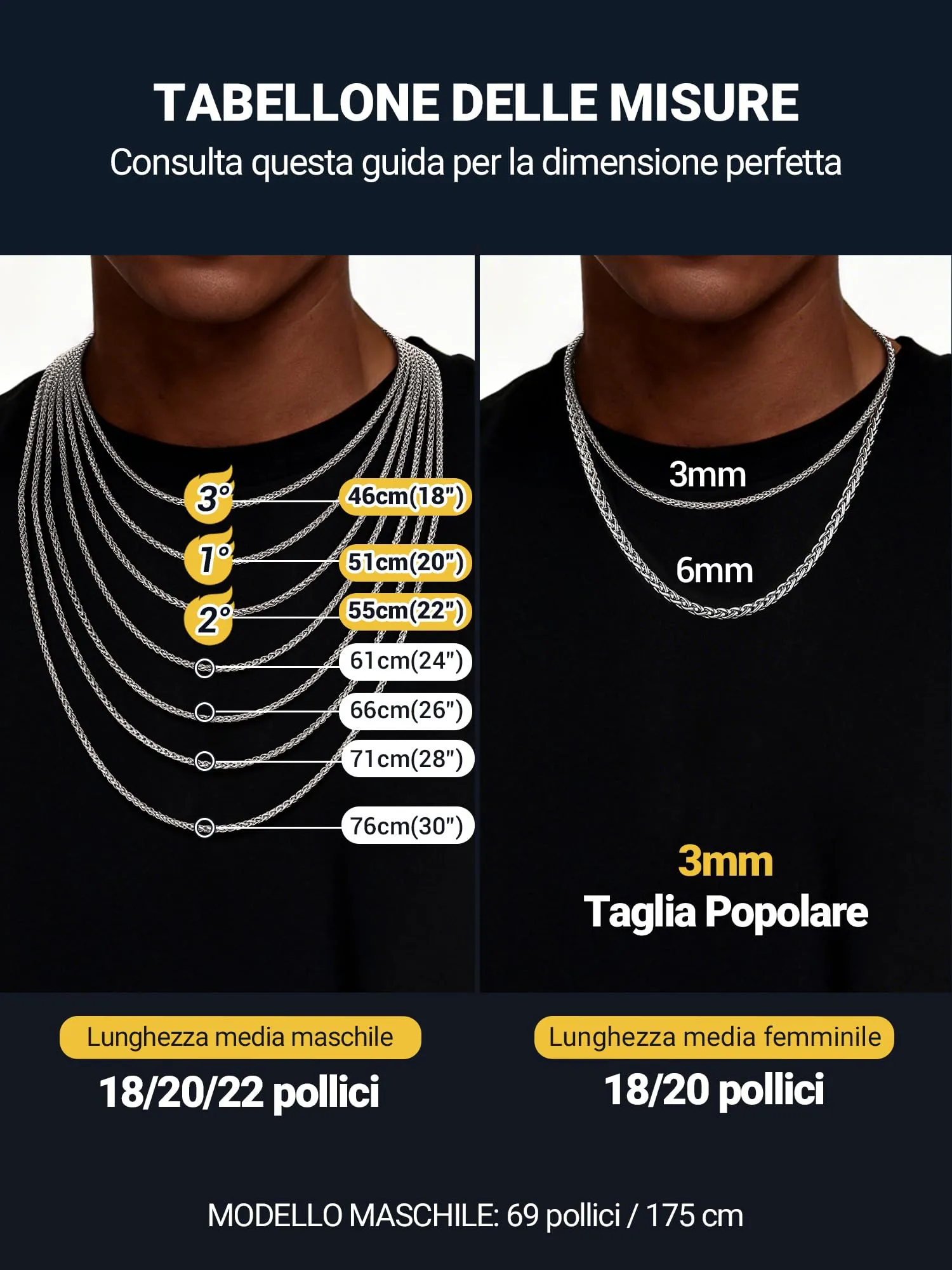 PROSTEEL Collana a Catena Grano in Acciaio Inossidabile, 3 mm, 60 cm, Argento - immagine 3