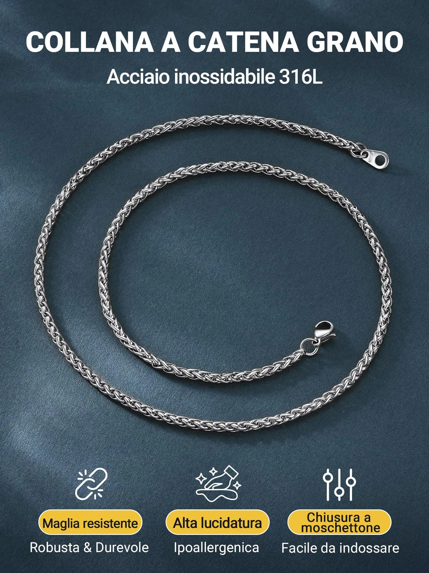PROSTEEL Collana a Catena Grano in Acciaio Inossidabile, 3 mm, 60 cm, Argento - immagine 5