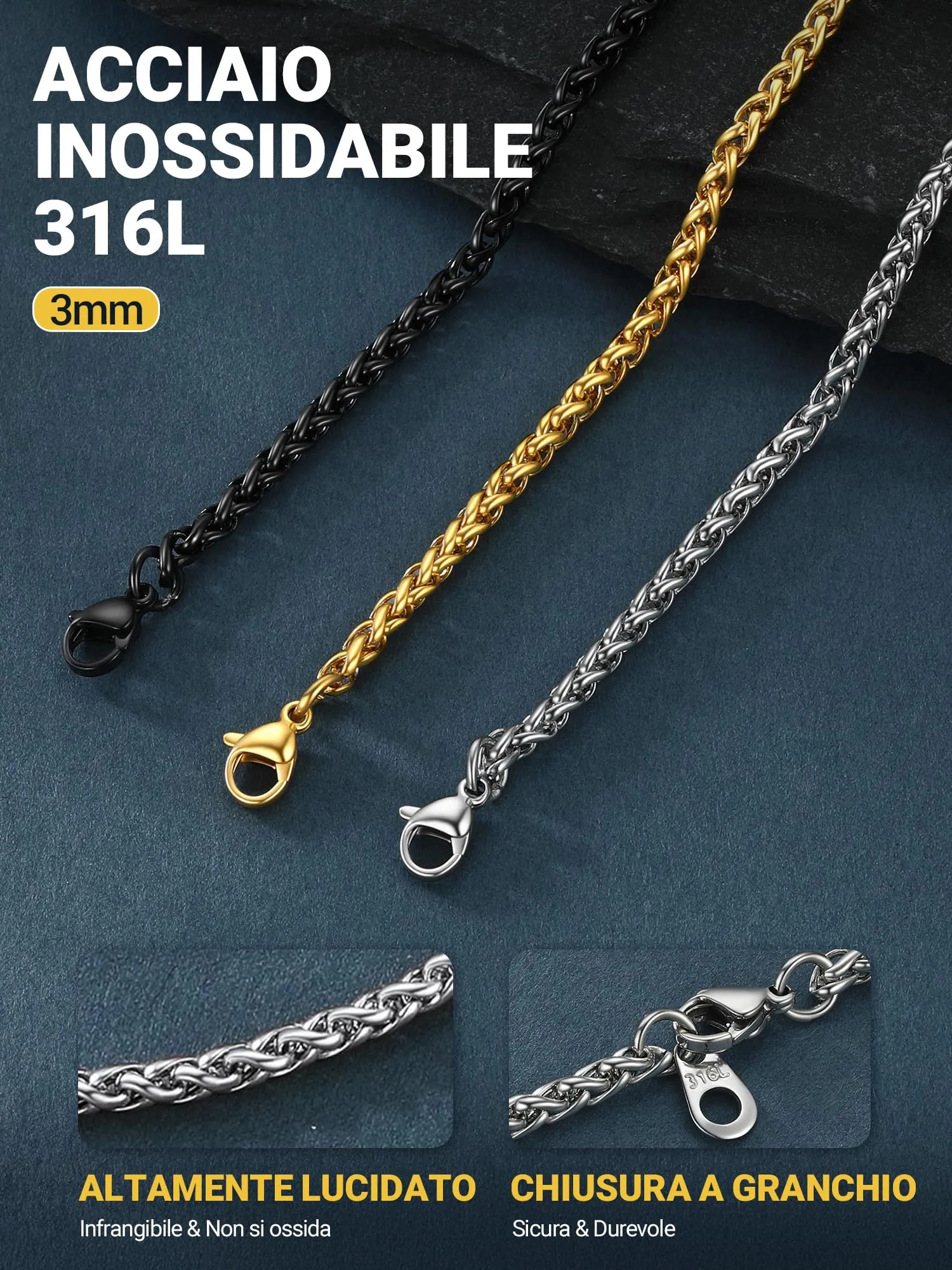 PROSTEEL Collana a Catena Grano in Acciaio Inossidabile, 3 mm, 60 cm, Argento - immagine 6