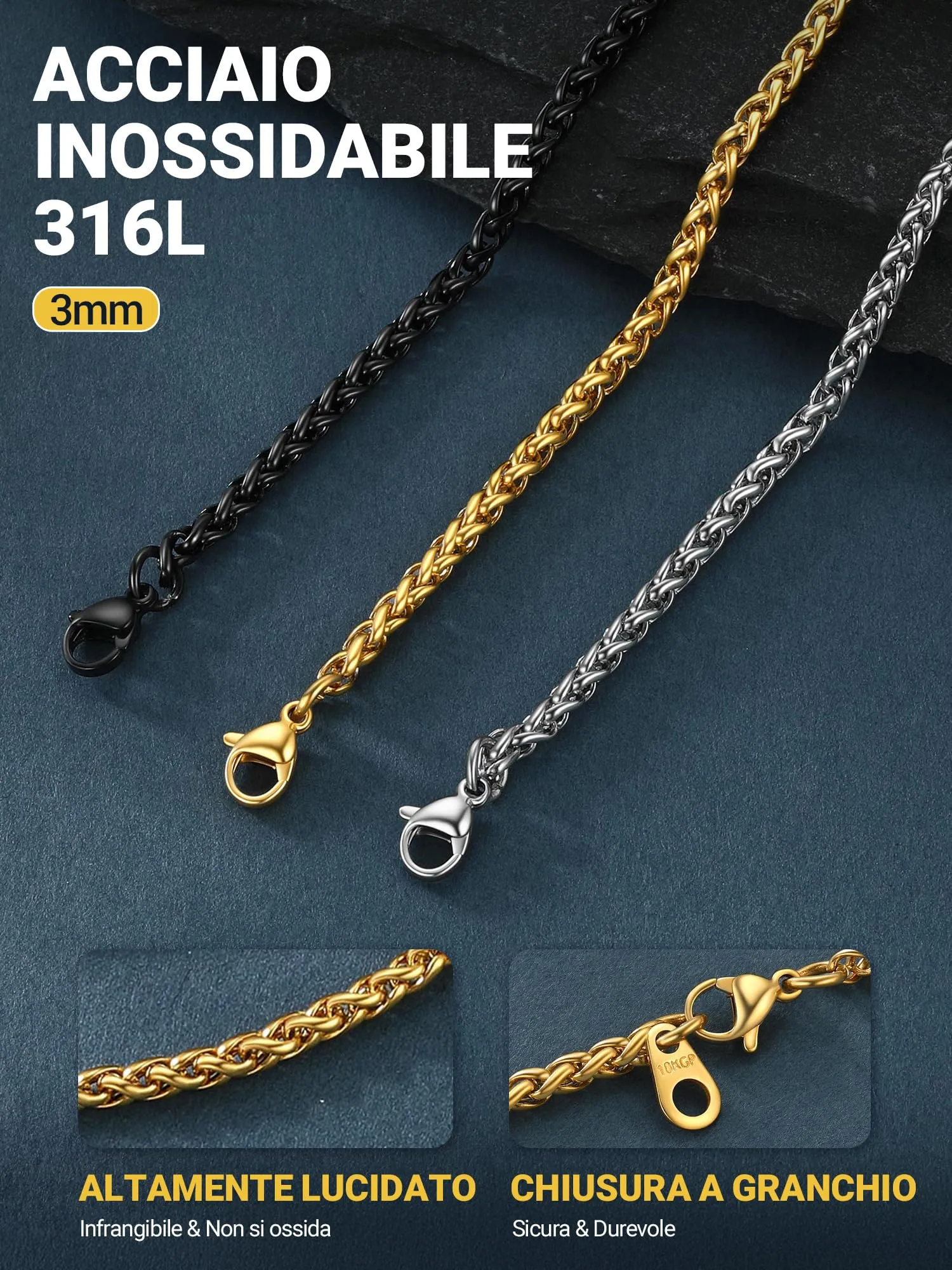 PROSTEEL Collana a Maglia Spiga in Acciaio Inox 316L, 3mm x 46cm - immagine 3