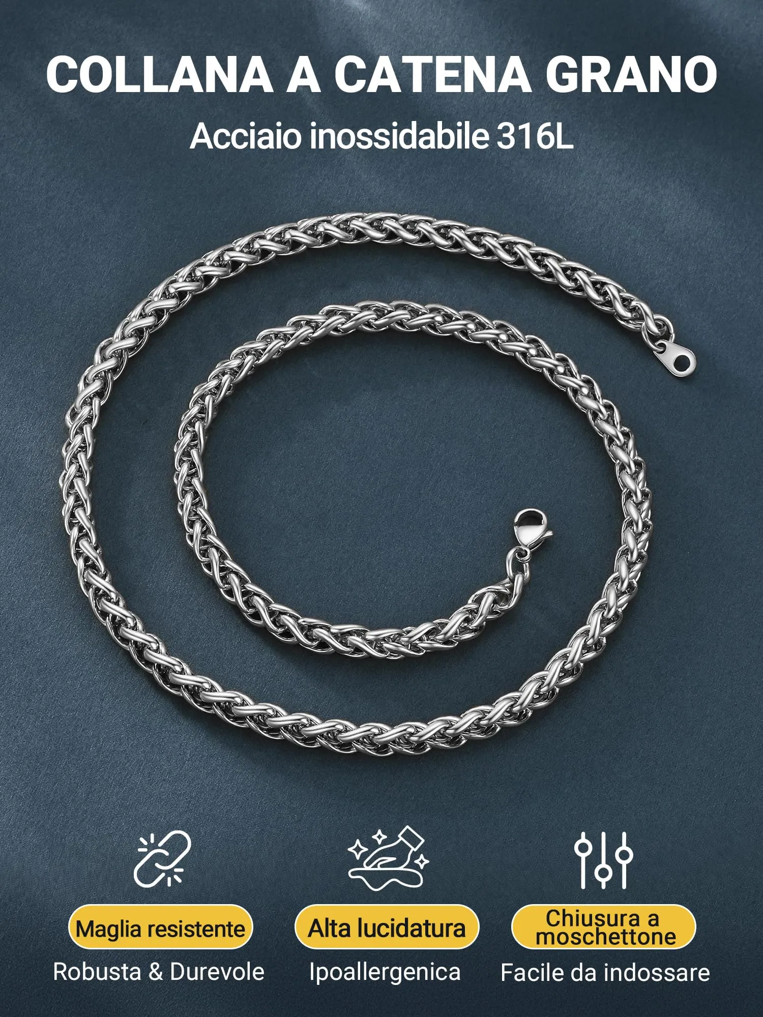 PROSTEEL Collana a Maglia Spiga in Acciaio Inox 316L, 6mm x 46cm - immagine 6