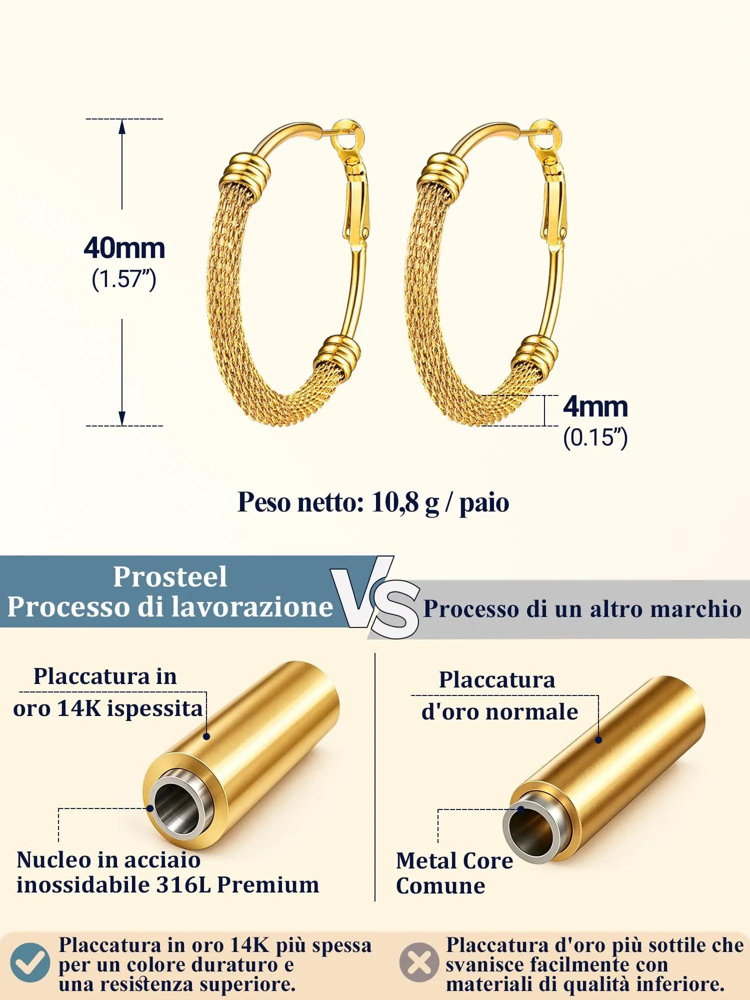 PROSTEEL Orecchini a Cerchio a Maglia Metallica in Acciaio Inossidabile Oro, 40mm - immagine 3