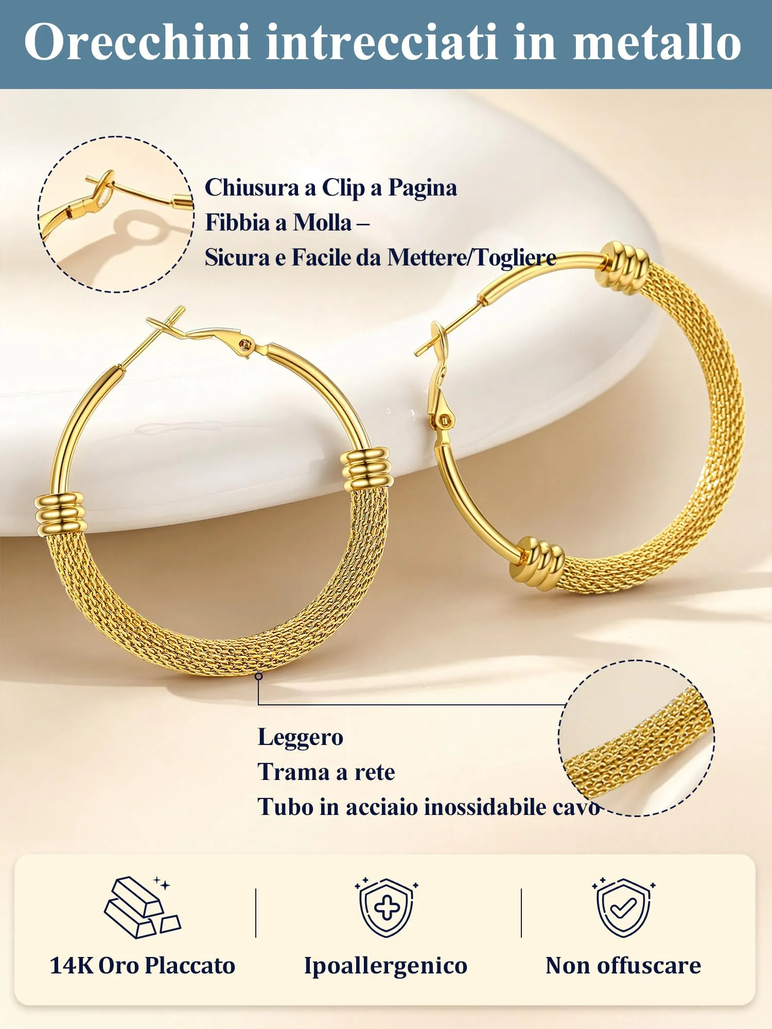 PROSTEEL Orecchini a Cerchio a Maglia Metallica in Acciaio Inossidabile Oro, 40mm - immagine 5