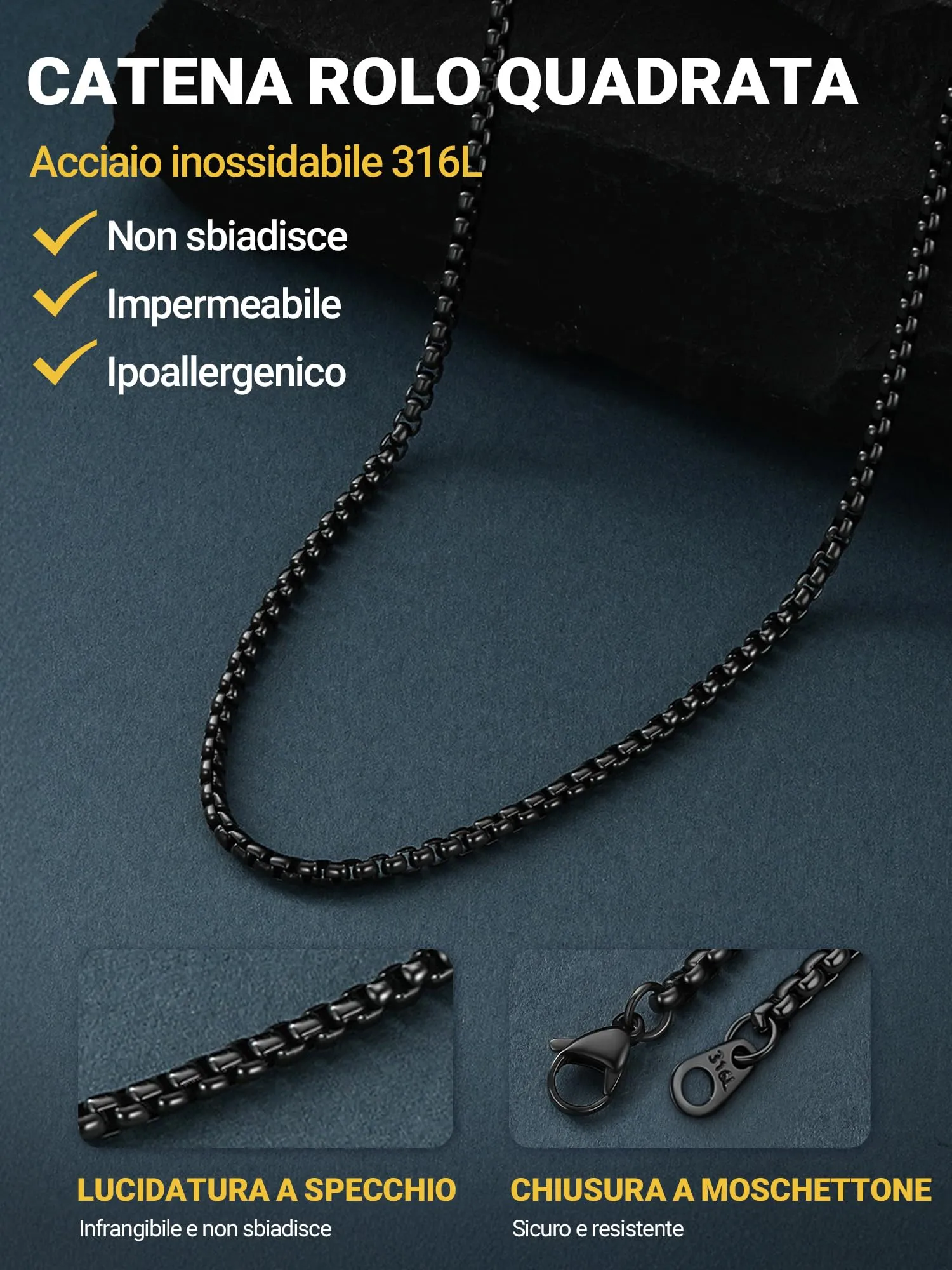 PROSTEEL Collana a Maglia Veneziana in Acciaio Inox Chirurgico, 3mm, 61cm, Nero - immagine 6