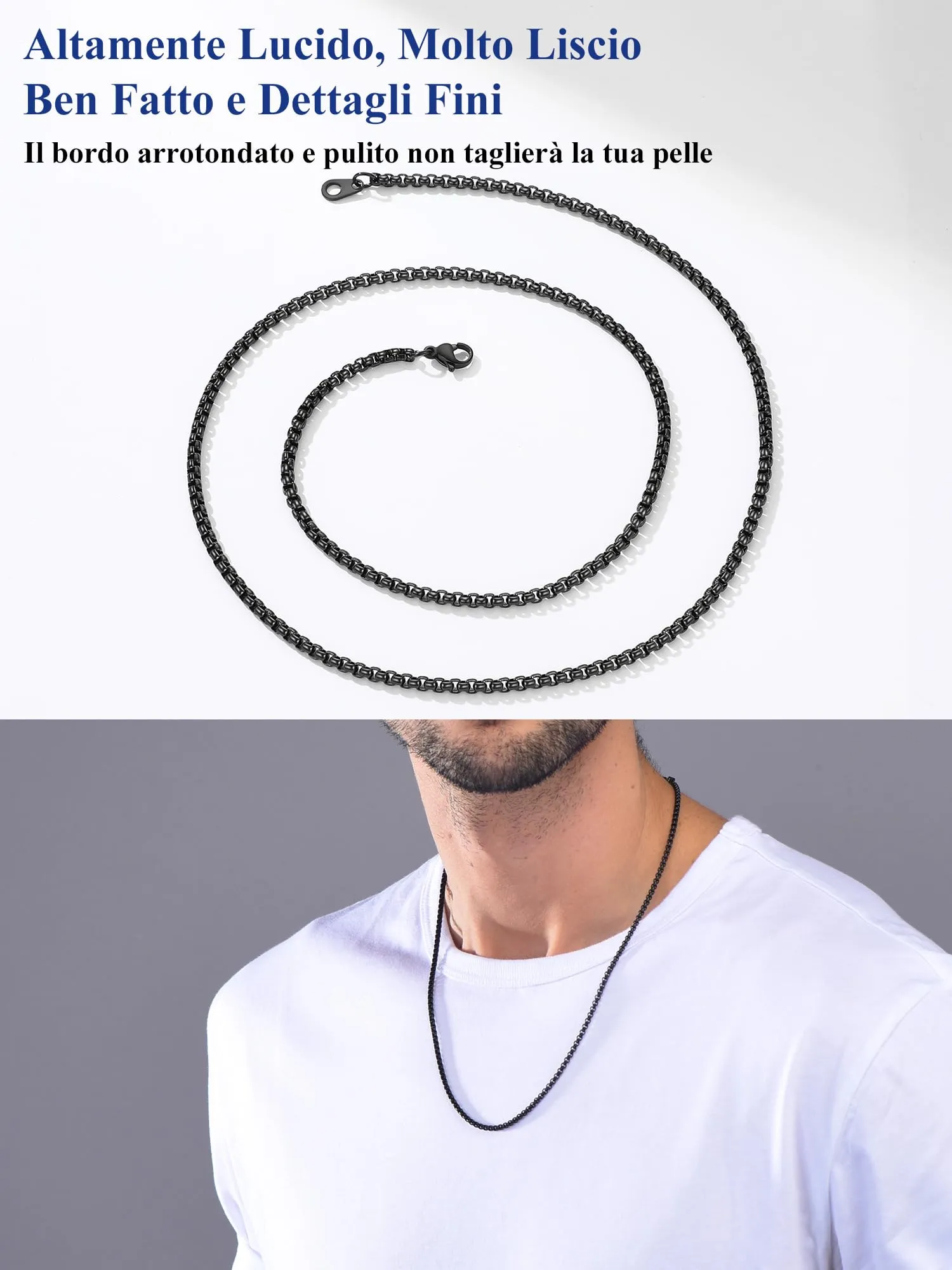 PROSTEEL Collana a Maglia Veneziana in Acciaio Inox Chirurgico, 3mm, 61cm, Nero - immagine 7