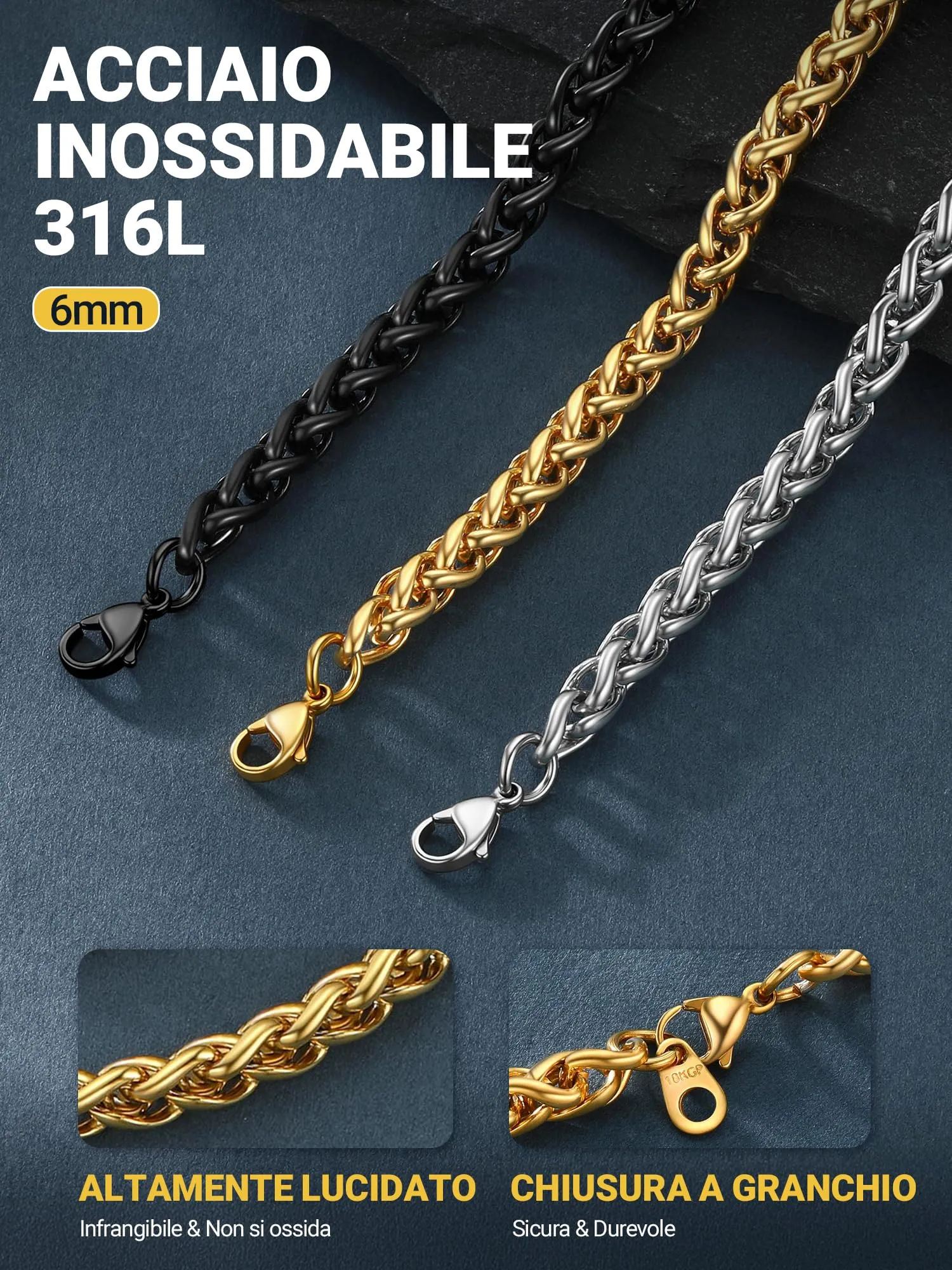 PROSTEEL Collana a Maglia Spiga in Acciaio Inox Chirurgico 316L, 6mm x 46cm - immagine 6