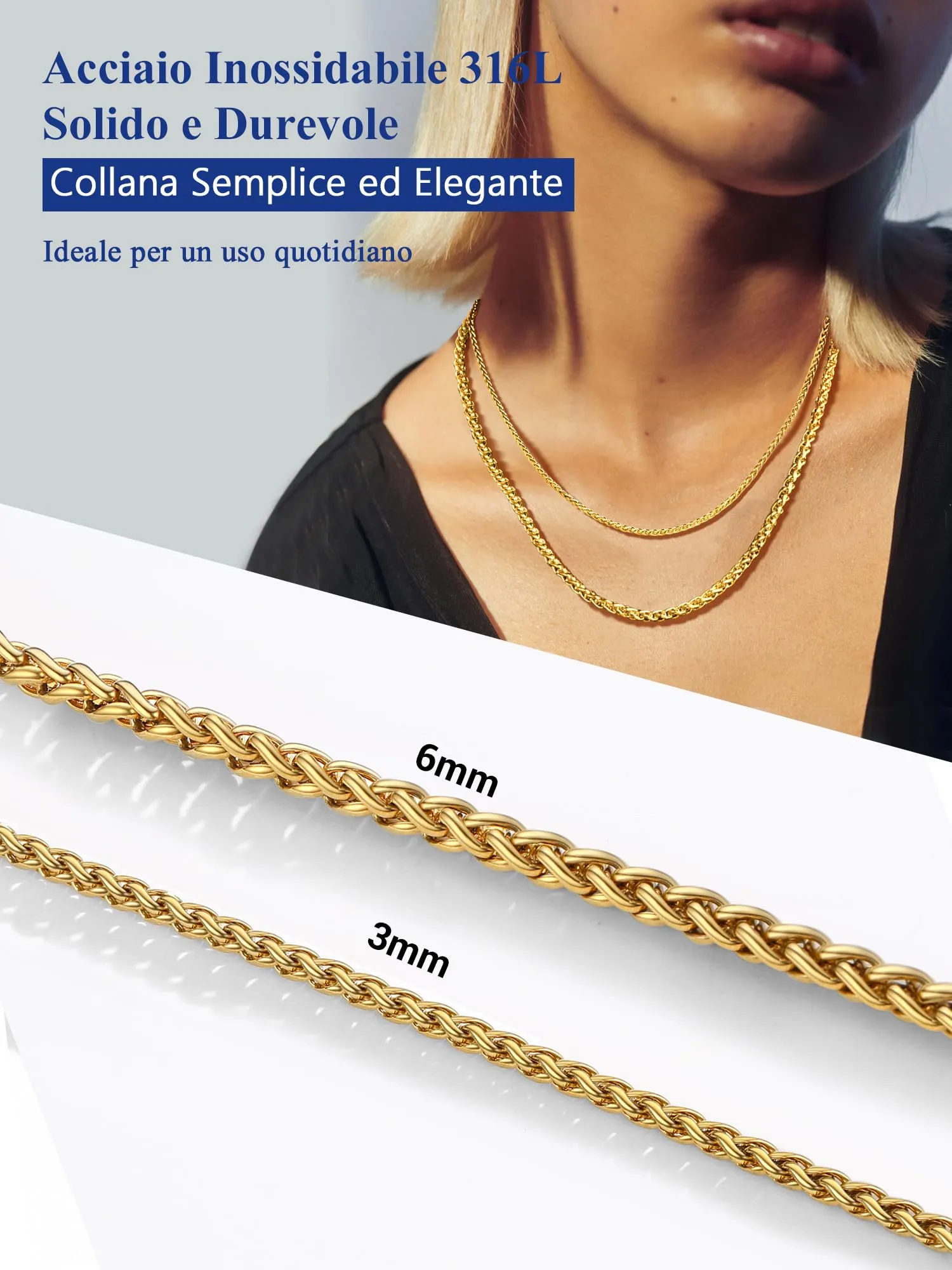 PROSTEEL Collana a Maglia Spiga in Acciaio Inox Chirurgico 316L, 6mm x 46cm - immagine 7