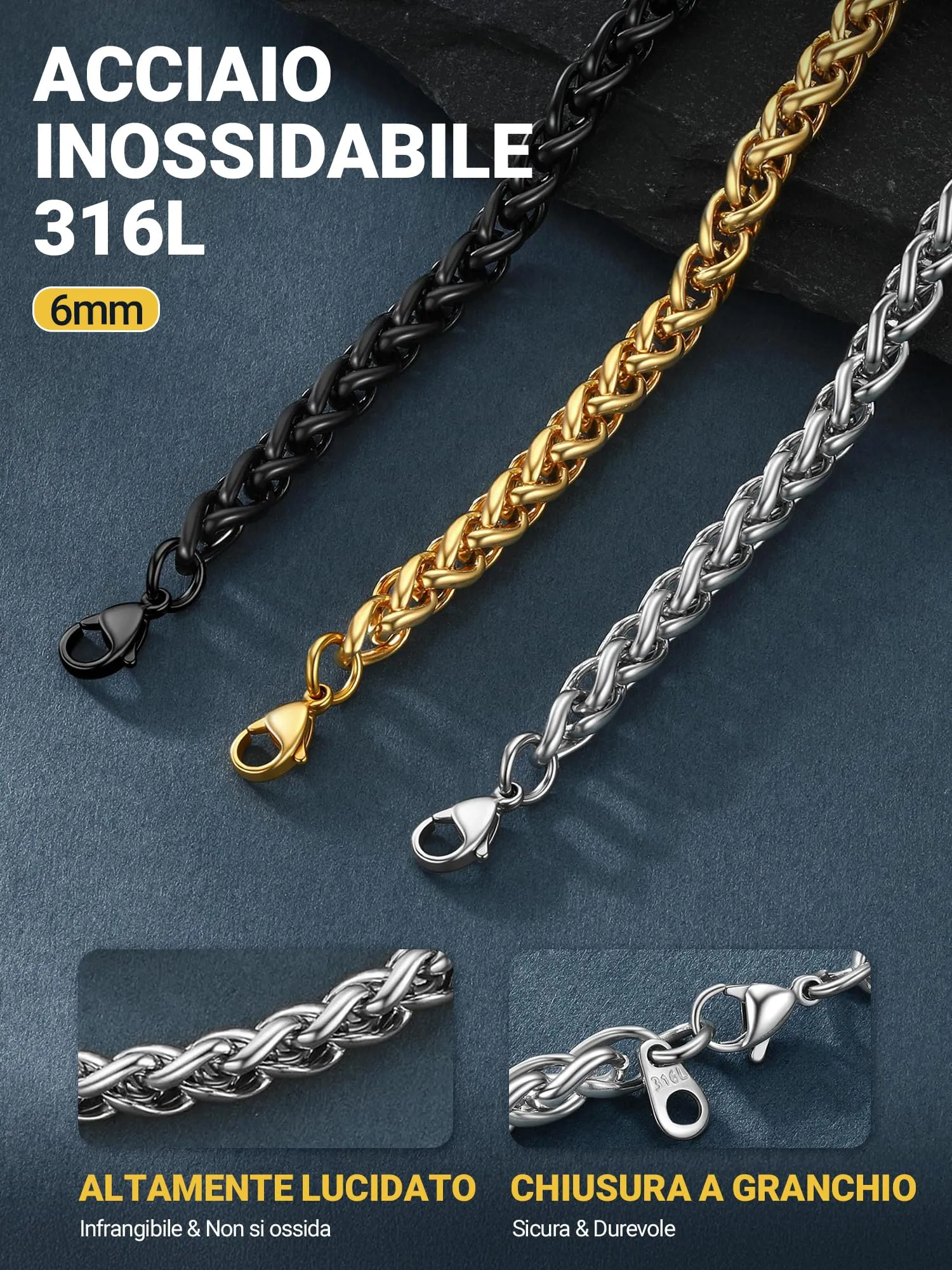 PROSTEEL Collana a Maglia Spiga in Acciaio Inox Chirurgico 316L, 6mm x 71cm - immagine 3