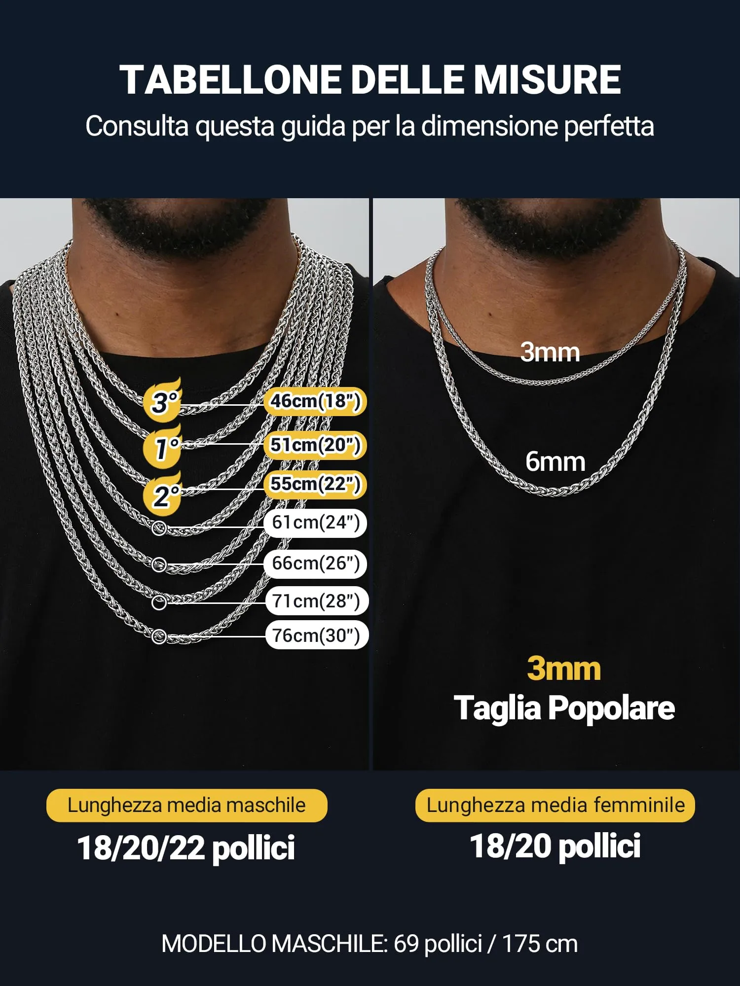 PROSTEEL Collana a Maglia Spiga in Acciaio Inox Chirurgico 316L, 6mm x 71cm - immagine 4