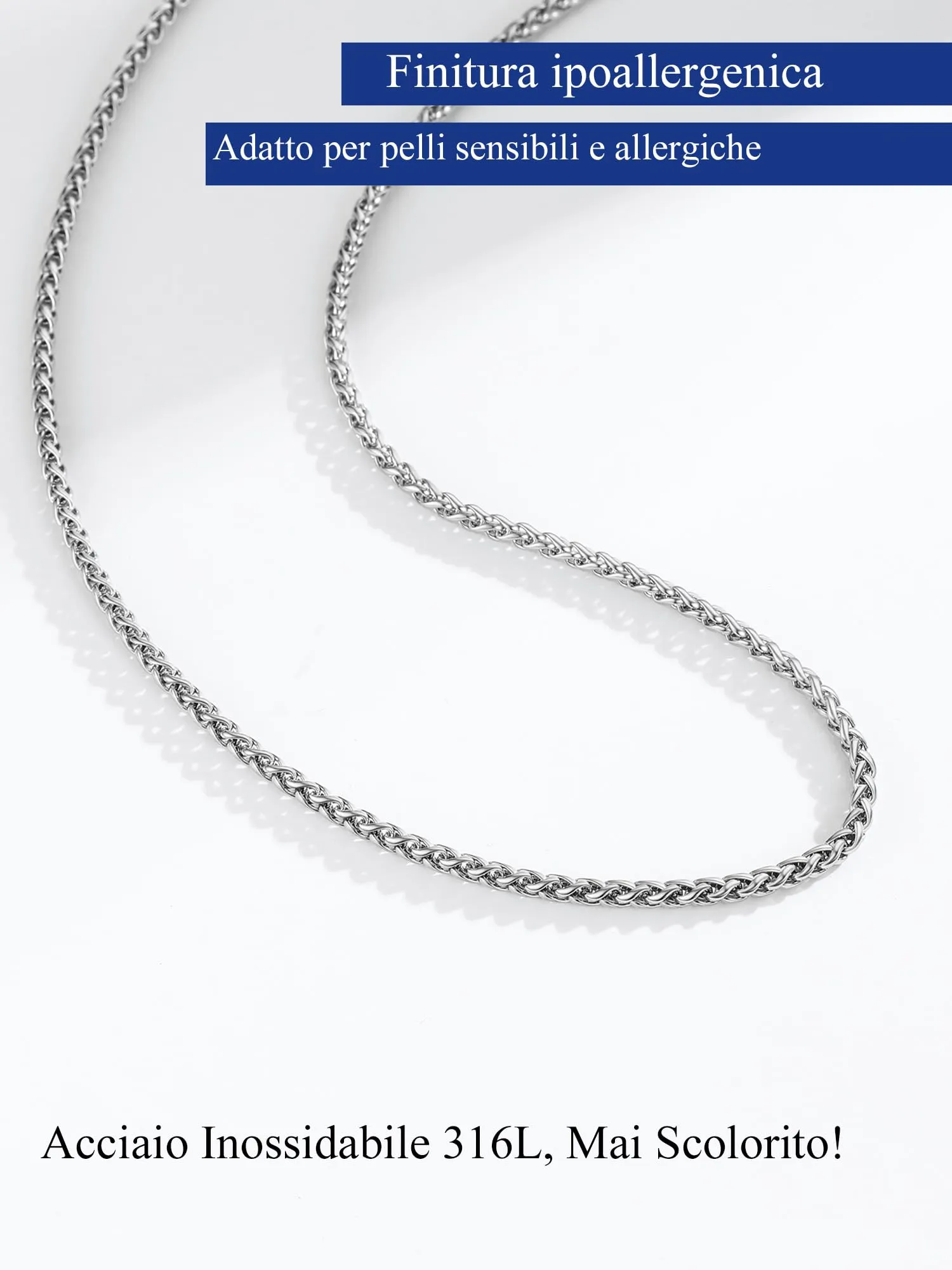PROSTEEL Collana a Maglia Spiga in Acciaio Inox 316L, 3mm x 51cm - immagine 7