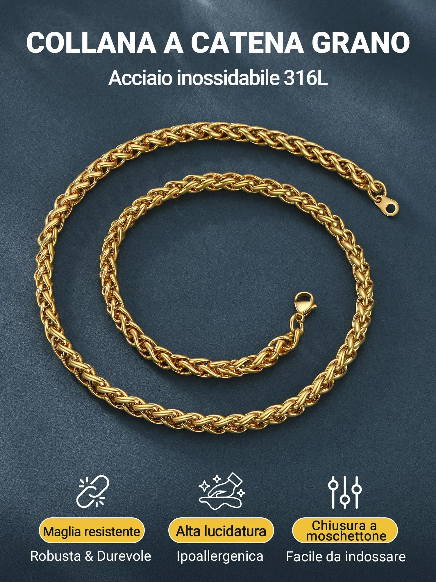 PROSTEEL Collana a Maglia Spiga in Acciaio Inox 316L, 6mm x 76cm - immagine 5