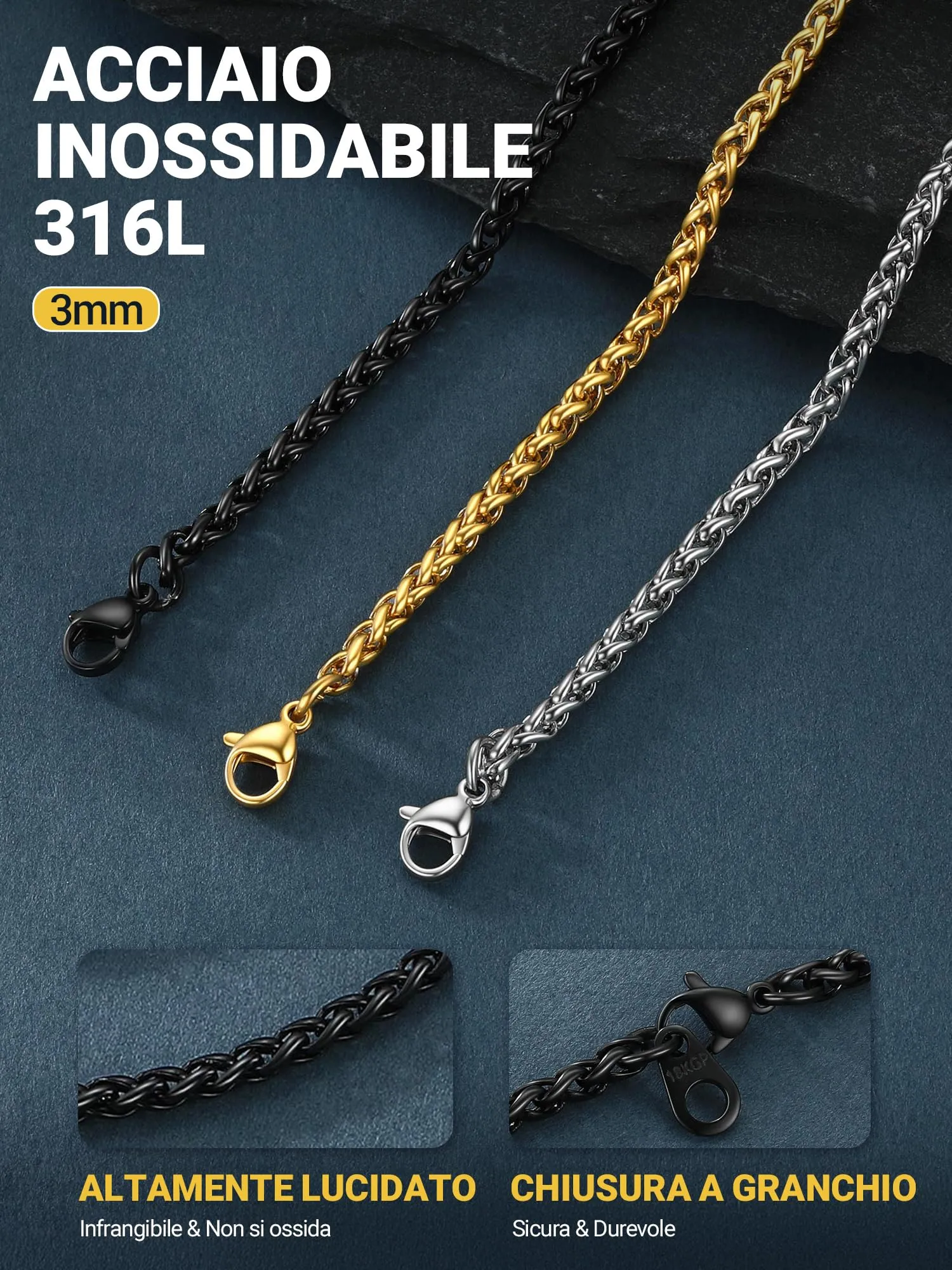 PROSTEEL Collana a Maglia Spiga in Acciaio Inox 316L, 3mm x 61cm - immagine 3