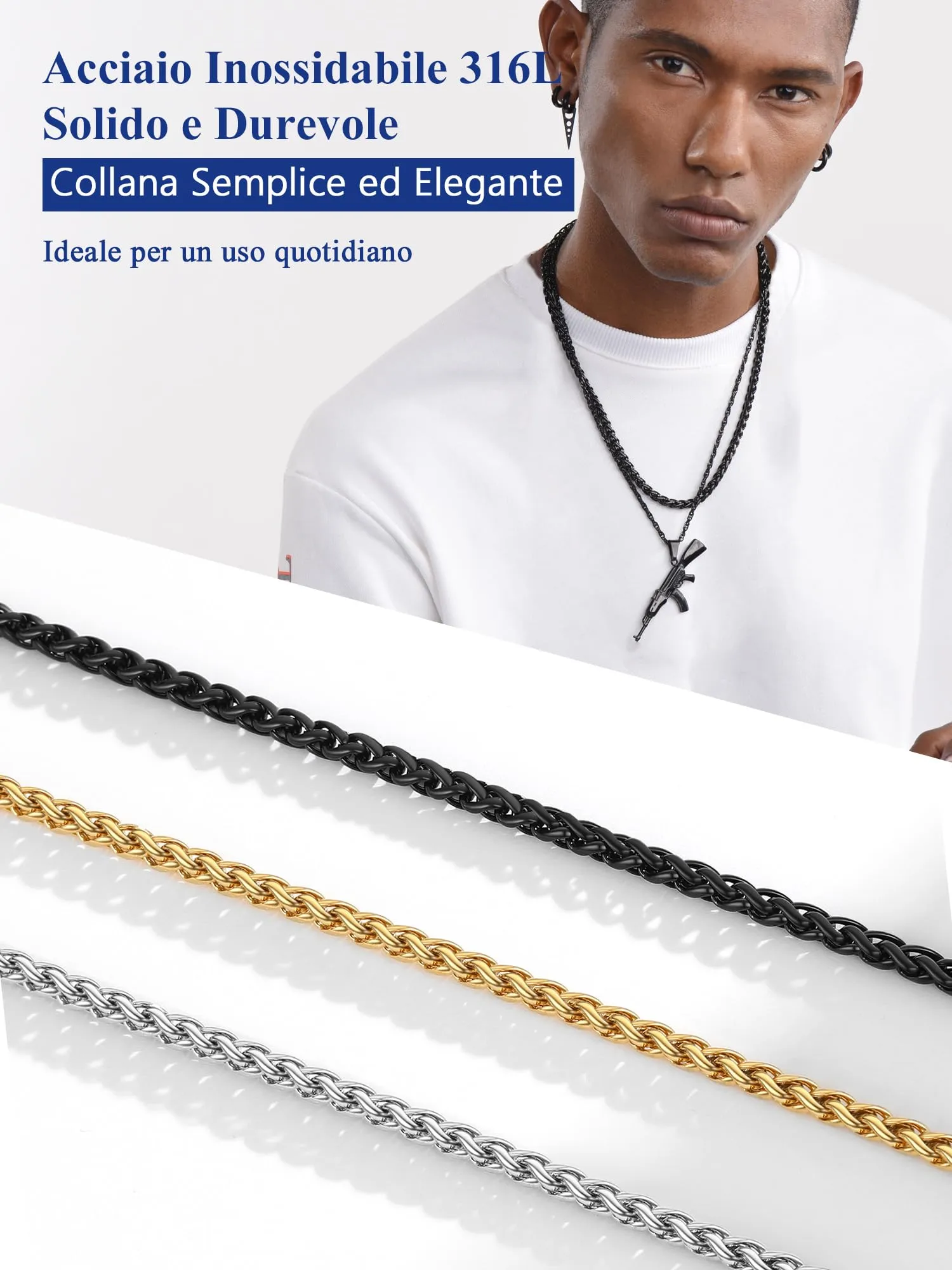 PROSTEEL Collana a Maglia Spiga in Acciaio Inox 316L, 3mm x 61cm - immagine 7
