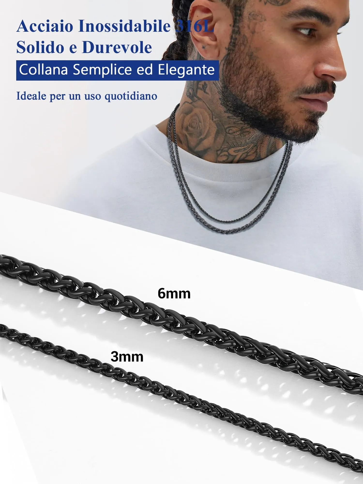 PROSTEEL Collana a Maglia Spiga in Acciaio Inox 316L, 6mm x 51cm - immagine 4