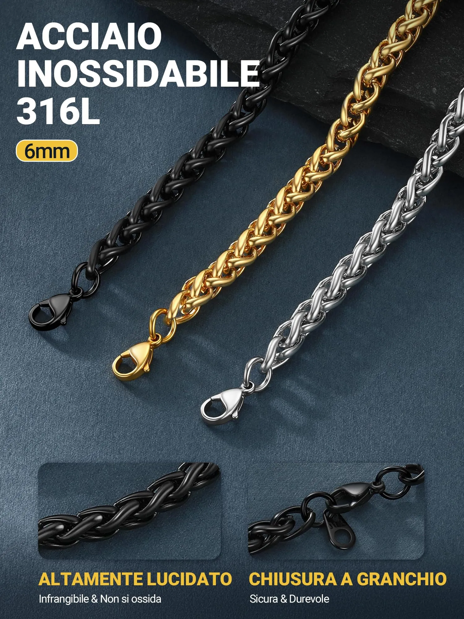 PROSTEEL Collana a Maglia Spiga in Acciaio Inox 316L, 6mm x 51cm - immagine 6