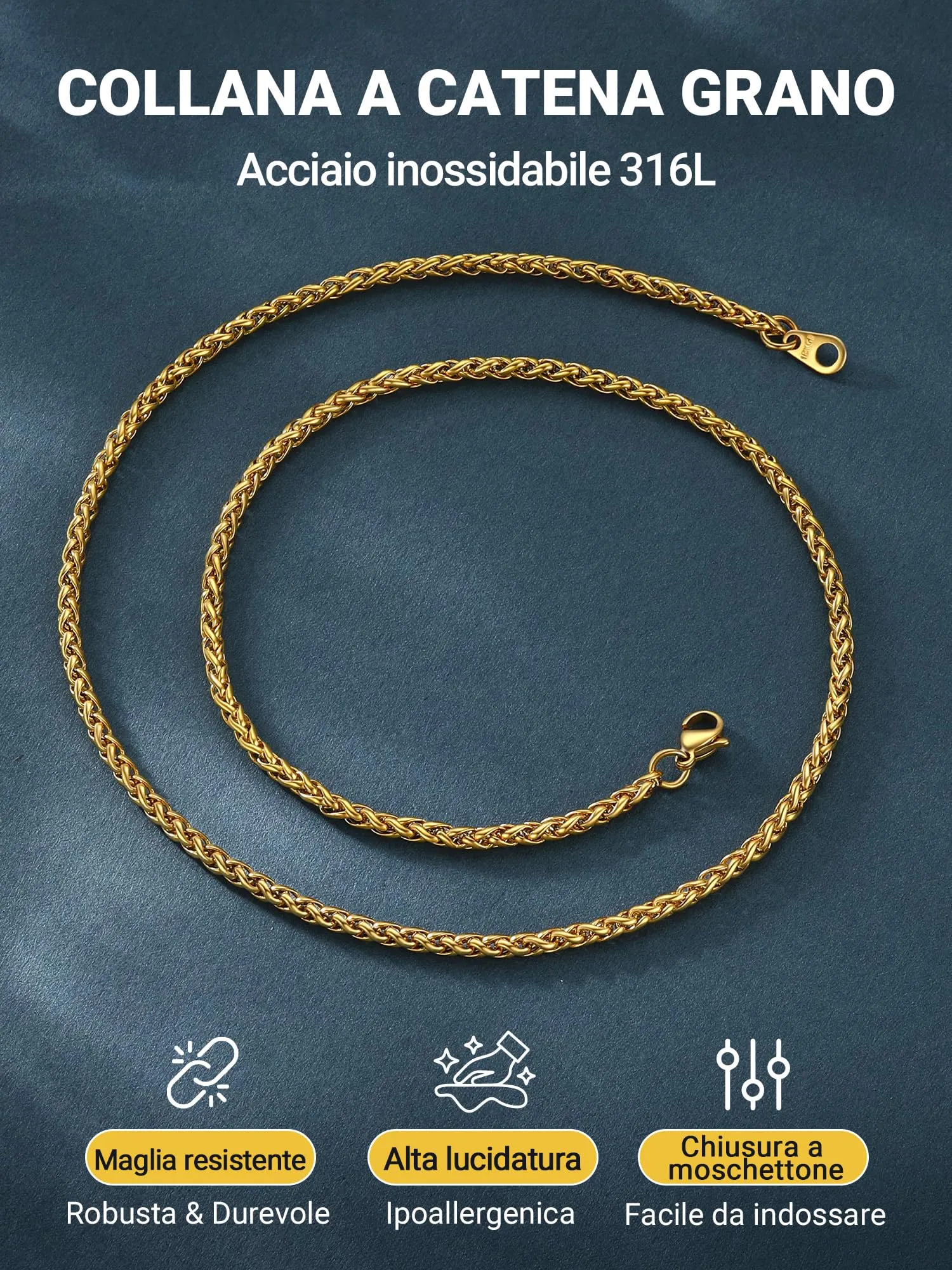 PROSTEEL Collana a Catena Grano per Uomo e Donna, 3 mm, 55 cm, Placcato Oro - immagine 5
