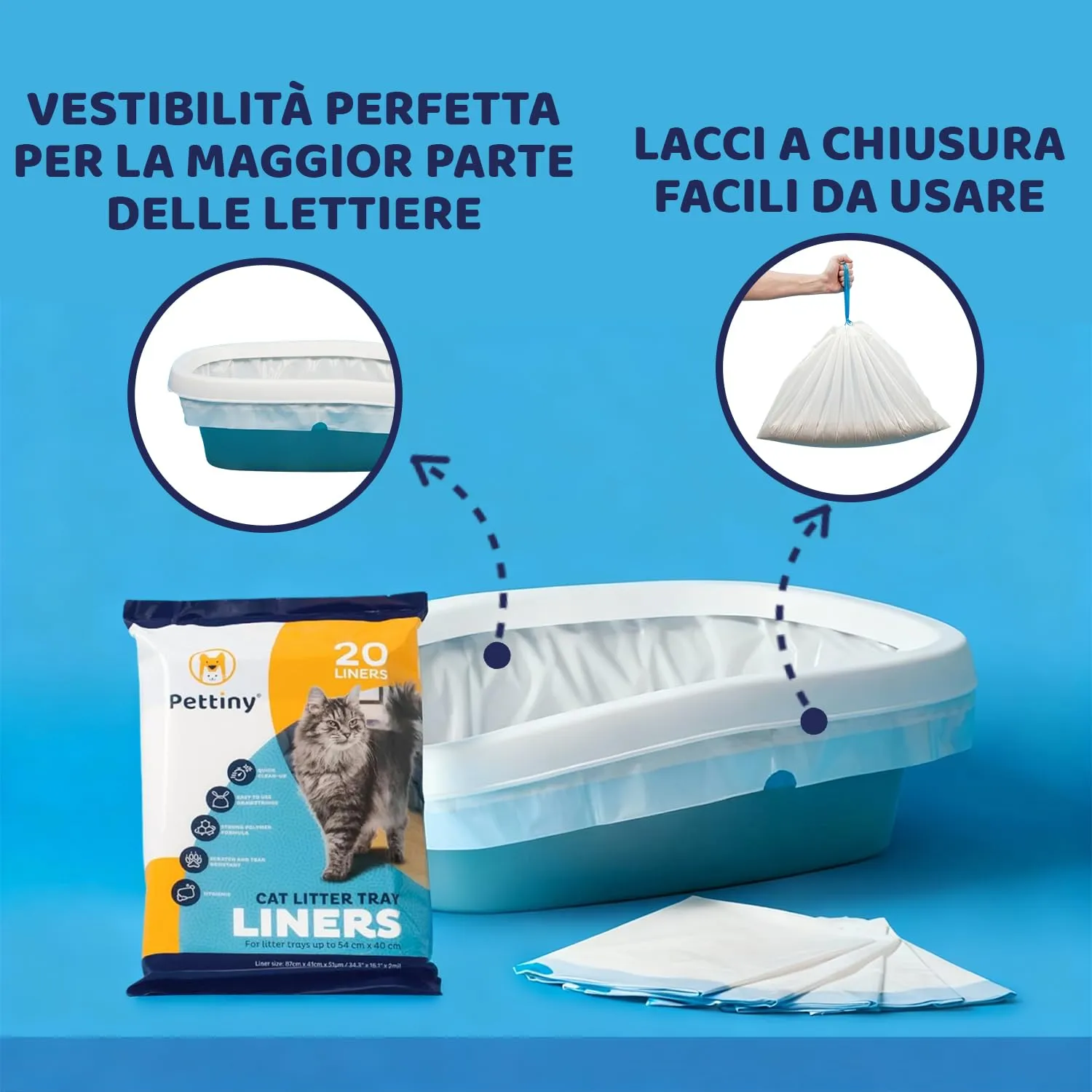 Pettiny Sacchetti per Lettiera per Gatti con Coulisse, Resistenti ai Graffi per Cassetta Igienica Media e Grande, Confezione da 20 - immagine 5