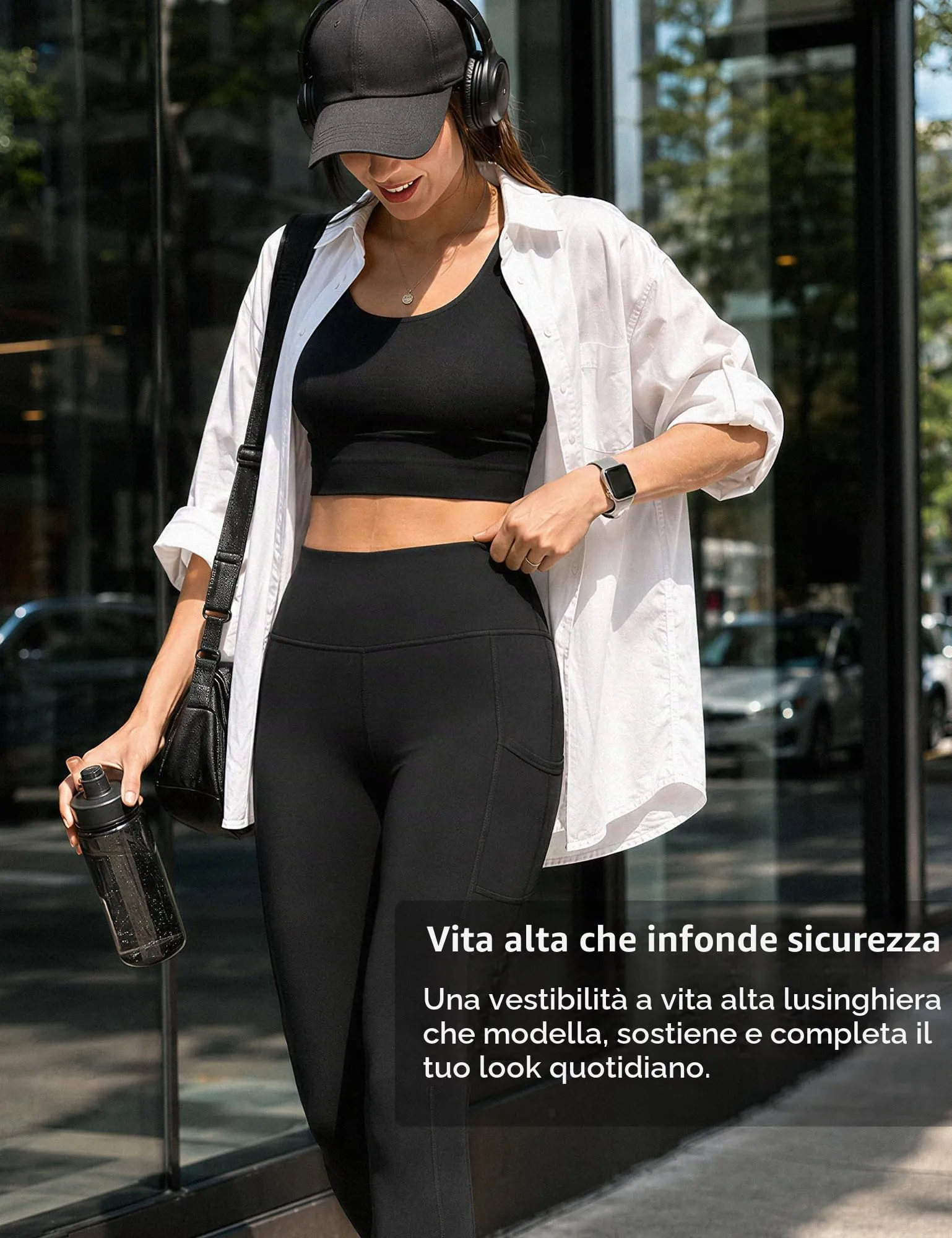 CAMBIVO Leggings Sportivi Donna a Vita Alta con Tasche, Nero, Tinta Unita, XXL - immagine 2