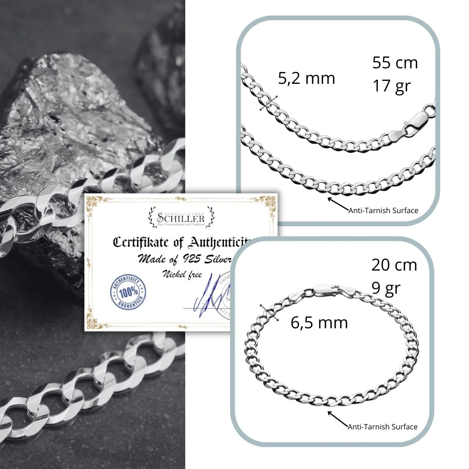 STERLL Set Gioielli Uomo in Argento Sterling 925 Maglia Cubana, Collana 55 cm e Bracciale 20 cm - immagine 3