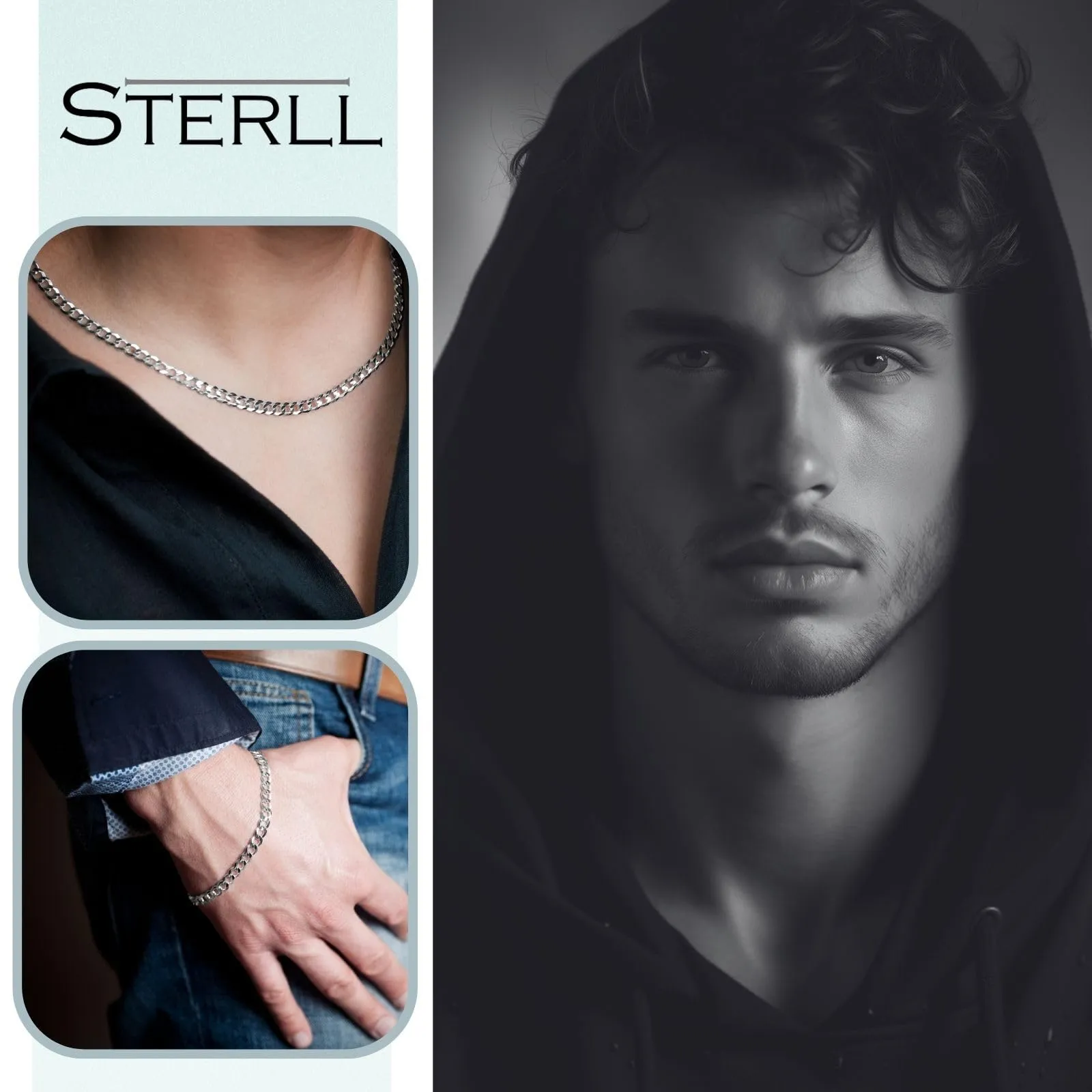 STERLL Set Gioielli Uomo in Argento Sterling 925 Maglia Cubana, Collana 55 cm e Bracciale 20 cm - immagine 5