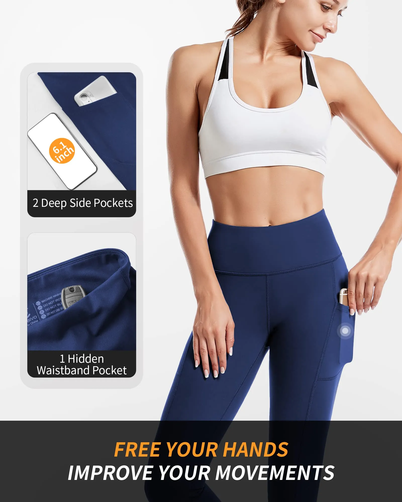 CAMBIVO Leggings Sportivi Donna Push Up a Vita Alta con Tasche, SF10, Blu, L - immagine 3