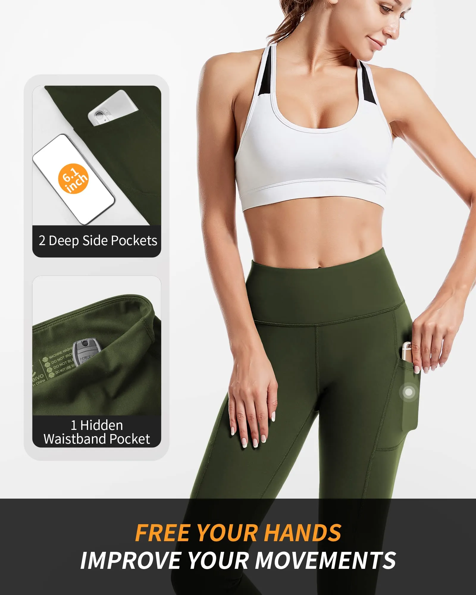 CAMBIVO Leggings Sportivi Donna a Vita Alta con Tasche, Verde, M - immagine 3