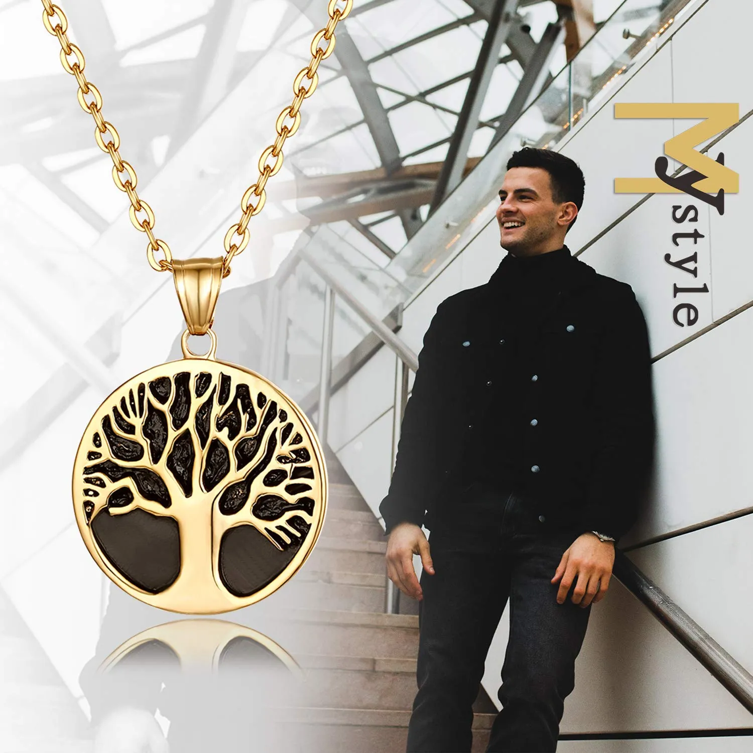 Flongo Collana con Ciondolo Albero della Vita in Acciaio Inossidabile, Argento/Oro - immagine 4