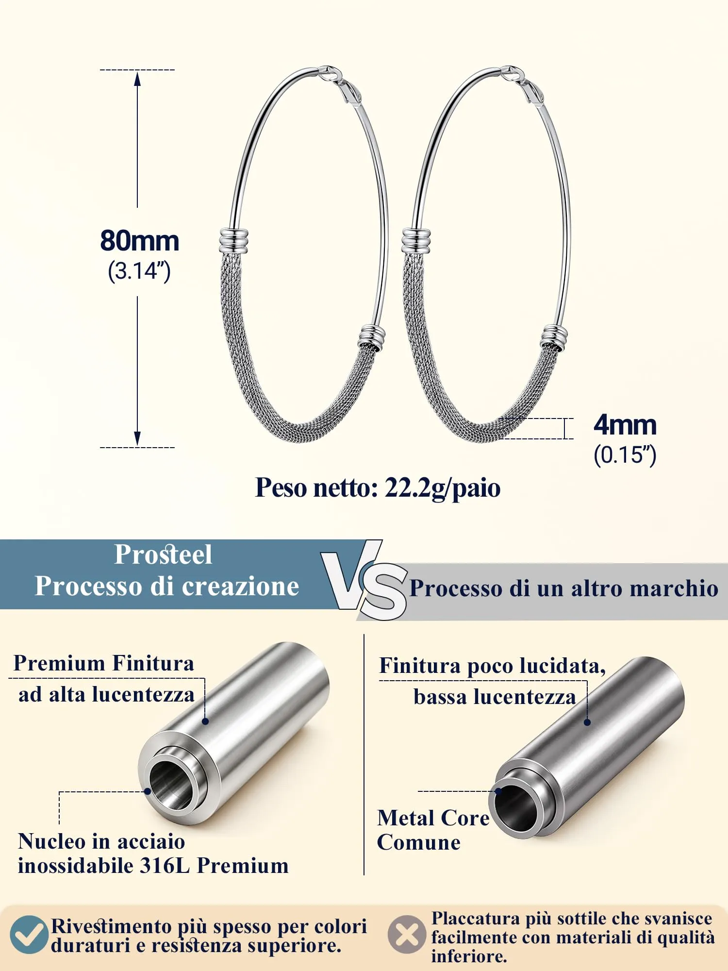 PROSTEEL Orecchini Cerchio a Maglia Metallica in Acciaio Inossidabile, 80mm, Argento - immagine 3
