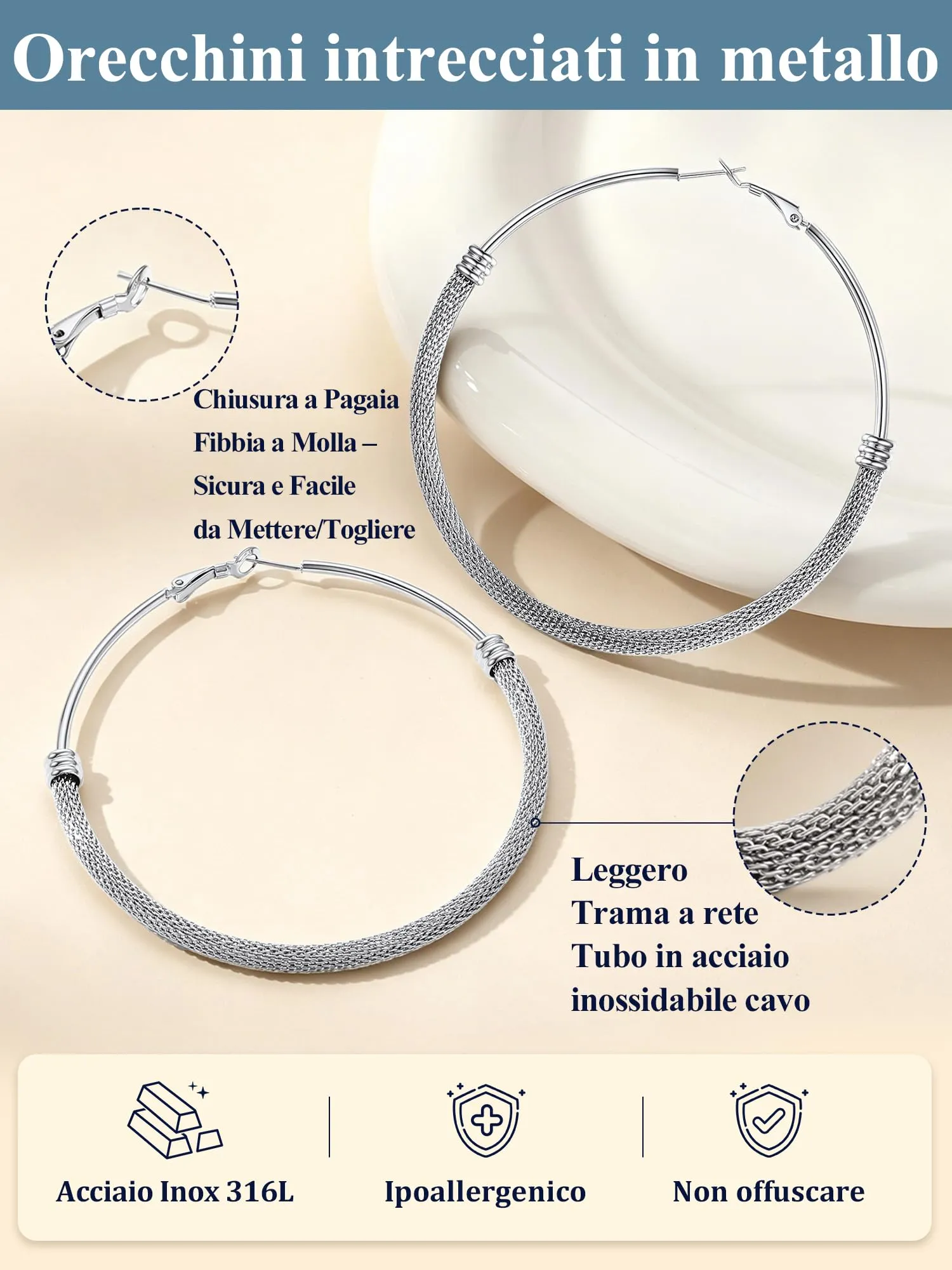 PROSTEEL Orecchini Cerchio a Maglia Metallica in Acciaio Inossidabile, 80mm, Argento - immagine 5