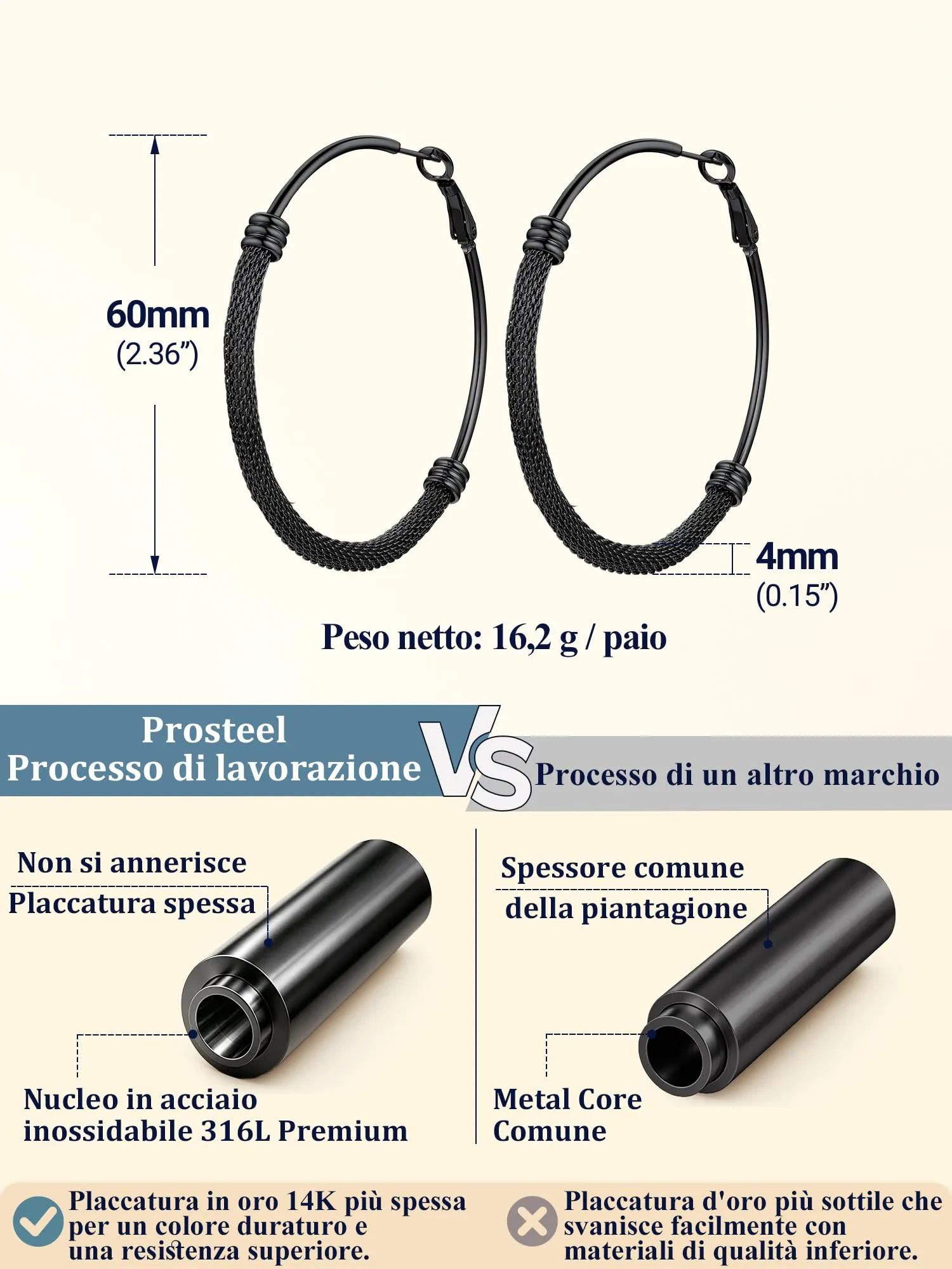 PROSTEEL Orecchini a Cerchio in Acciaio Inossidabile Nero 60mm - immagine 3