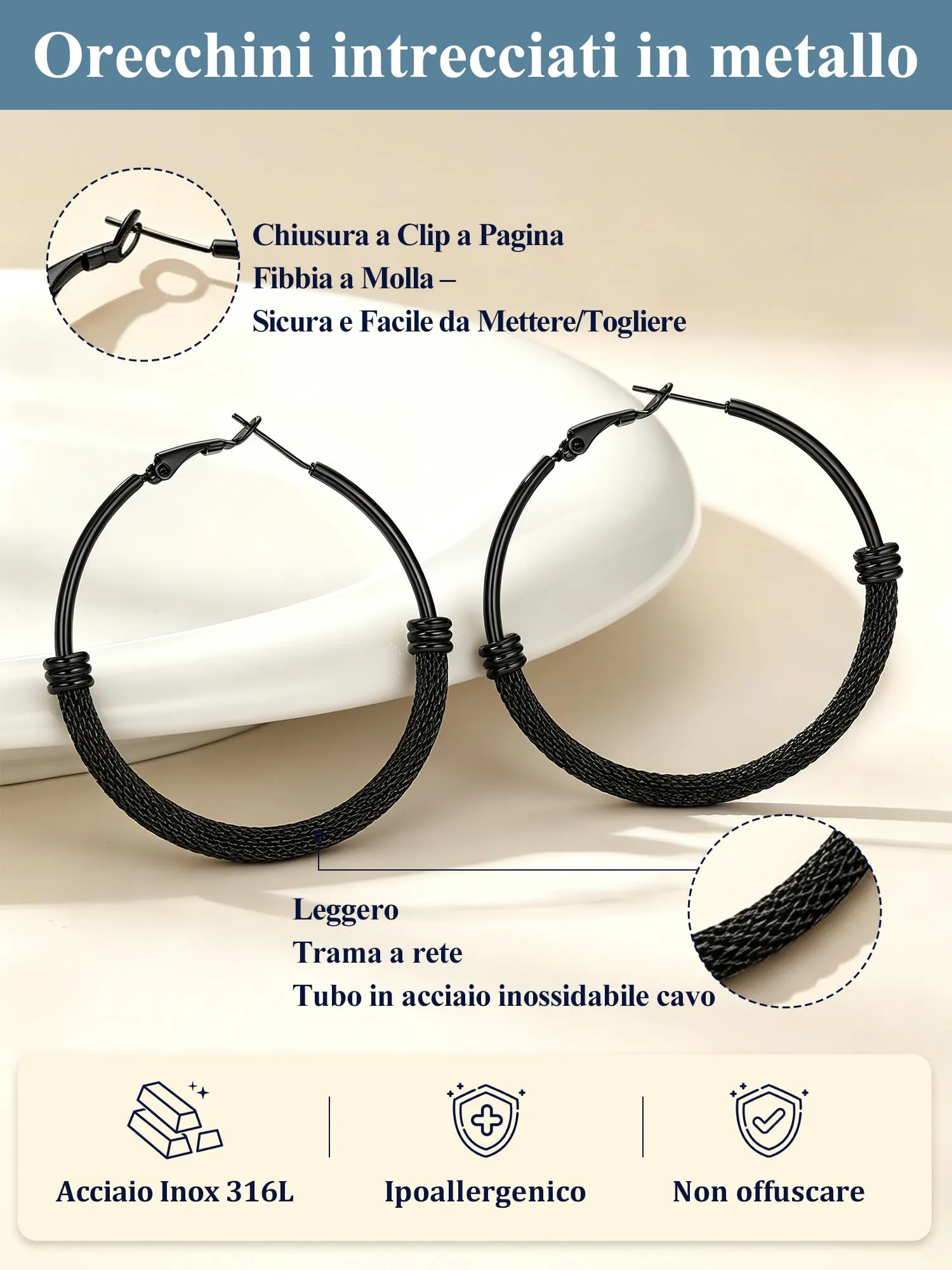 PROSTEEL Orecchini a Cerchio in Acciaio Inossidabile Nero 60mm - immagine 6