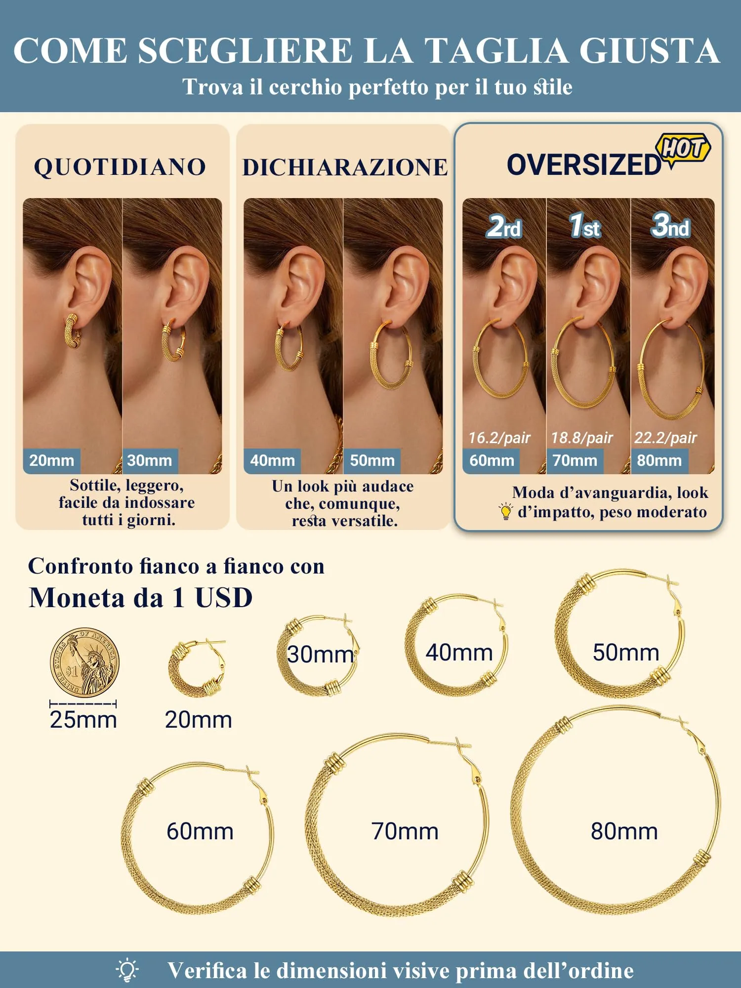 PROSTEEL Orecchini a Cerchio a Maglia Metallica in Acciaio Inossidabile Oro, 80mm - immagine 5