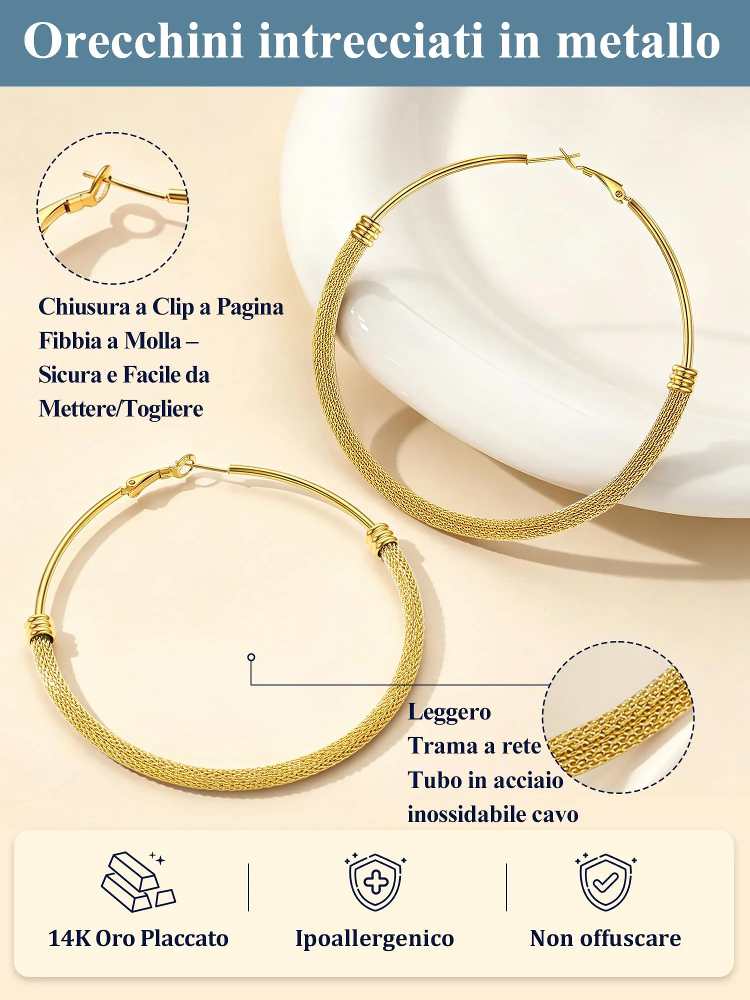 PROSTEEL Orecchini a Cerchio a Maglia Metallica in Acciaio Inossidabile Oro, 80mm - immagine 6