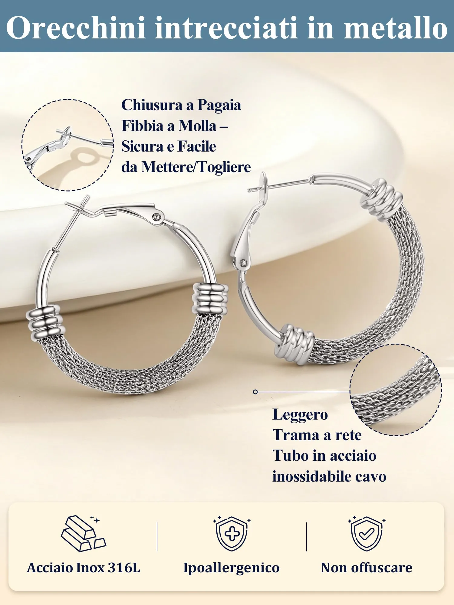PROSTEEL Orecchini Cerchio a Maglia Metallica in Acciaio Inossidabile 316L, 30mm, Argento - immagine 5