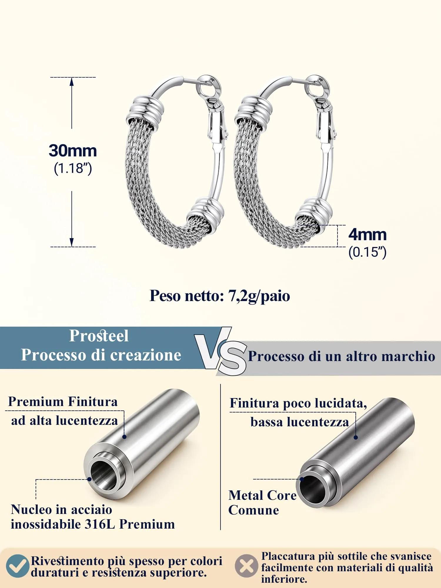 PROSTEEL Orecchini Cerchio a Maglia Metallica in Acciaio Inossidabile 316L, 30mm, Argento - immagine 6