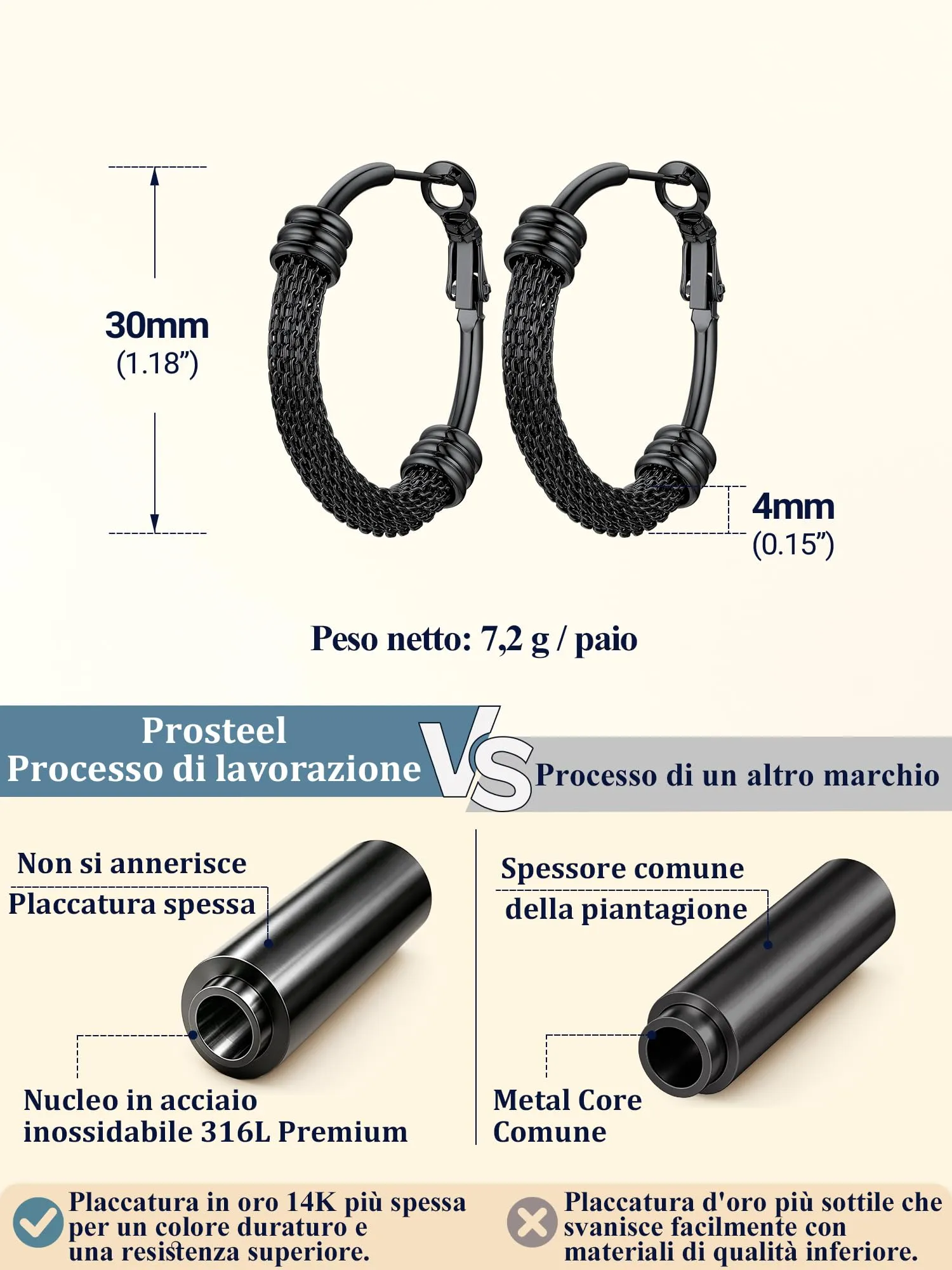 PROSTEEL Orecchini a Cerchio Larghi in Acciaio Inossidabile, Nero, 30mm - immagine 3