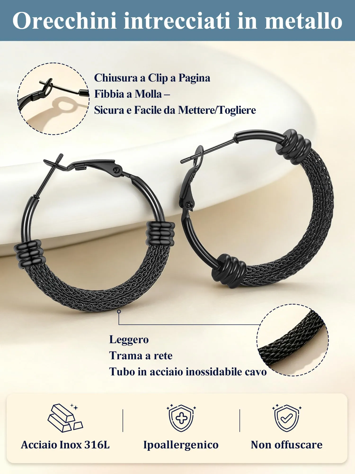 PROSTEEL Orecchini a Cerchio Larghi in Acciaio Inossidabile, Nero, 30mm - immagine 6