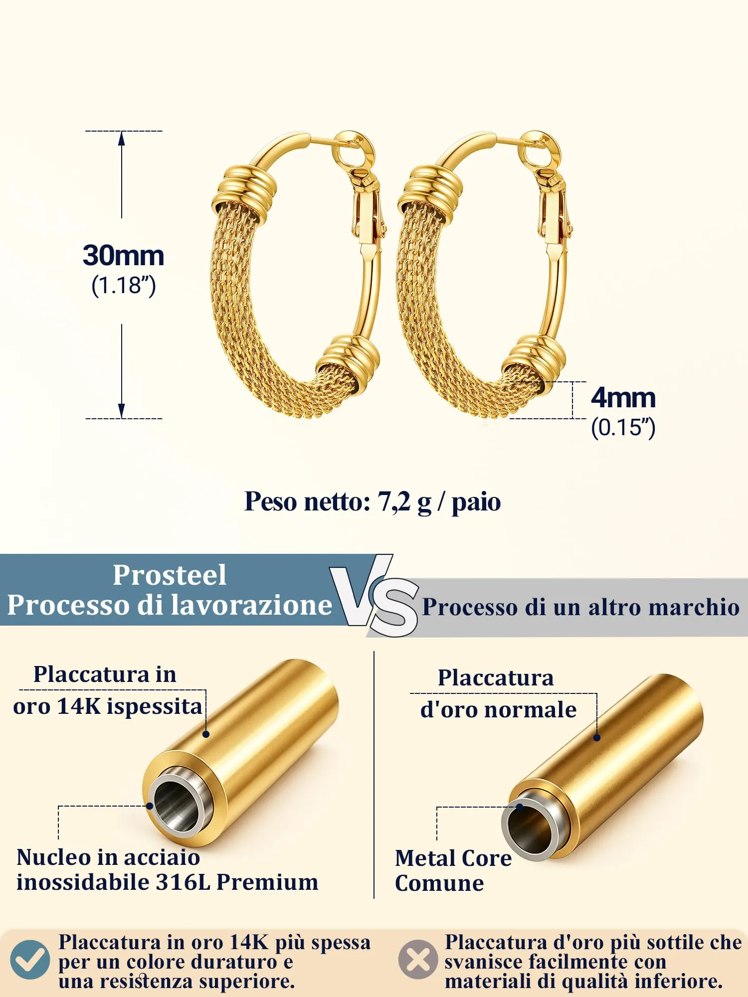 PROSTEEL Orecchini a Cerchio a Maglia Metallica in Acciaio Inossidabile Oro, 30mm - immagine 5