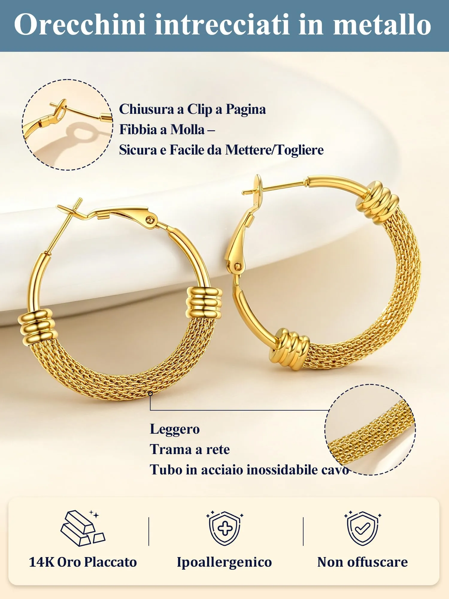 PROSTEEL Orecchini a Cerchio a Maglia Metallica in Acciaio Inossidabile Oro, 30mm - immagine 6
