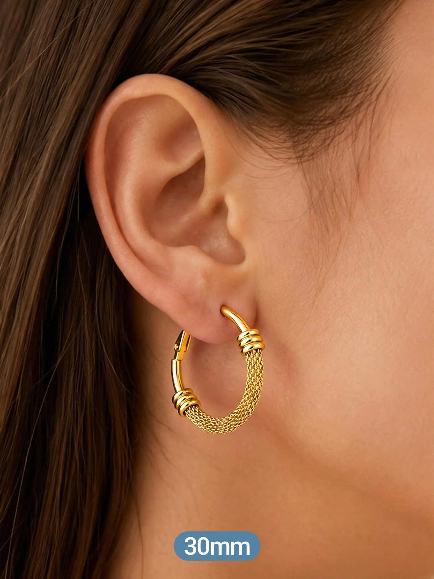 PROSTEEL Orecchini a Cerchio a Maglia Metallica in Acciaio Inossidabile Oro, 30mm - immagine 7