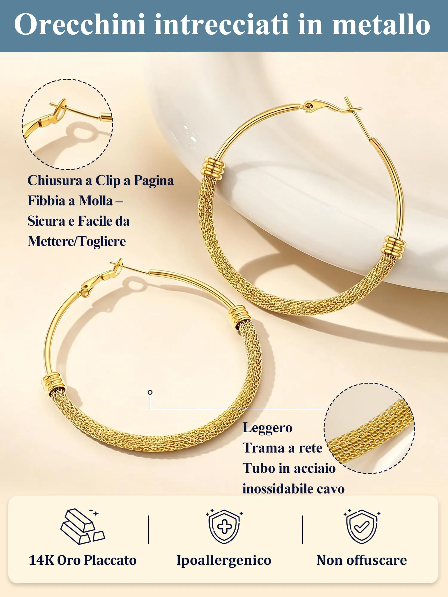 PROSTEEL Orecchini Cerchio a Maglia Metallica in Acciaio Ipoallergenico Oro 60mm - immagine 3