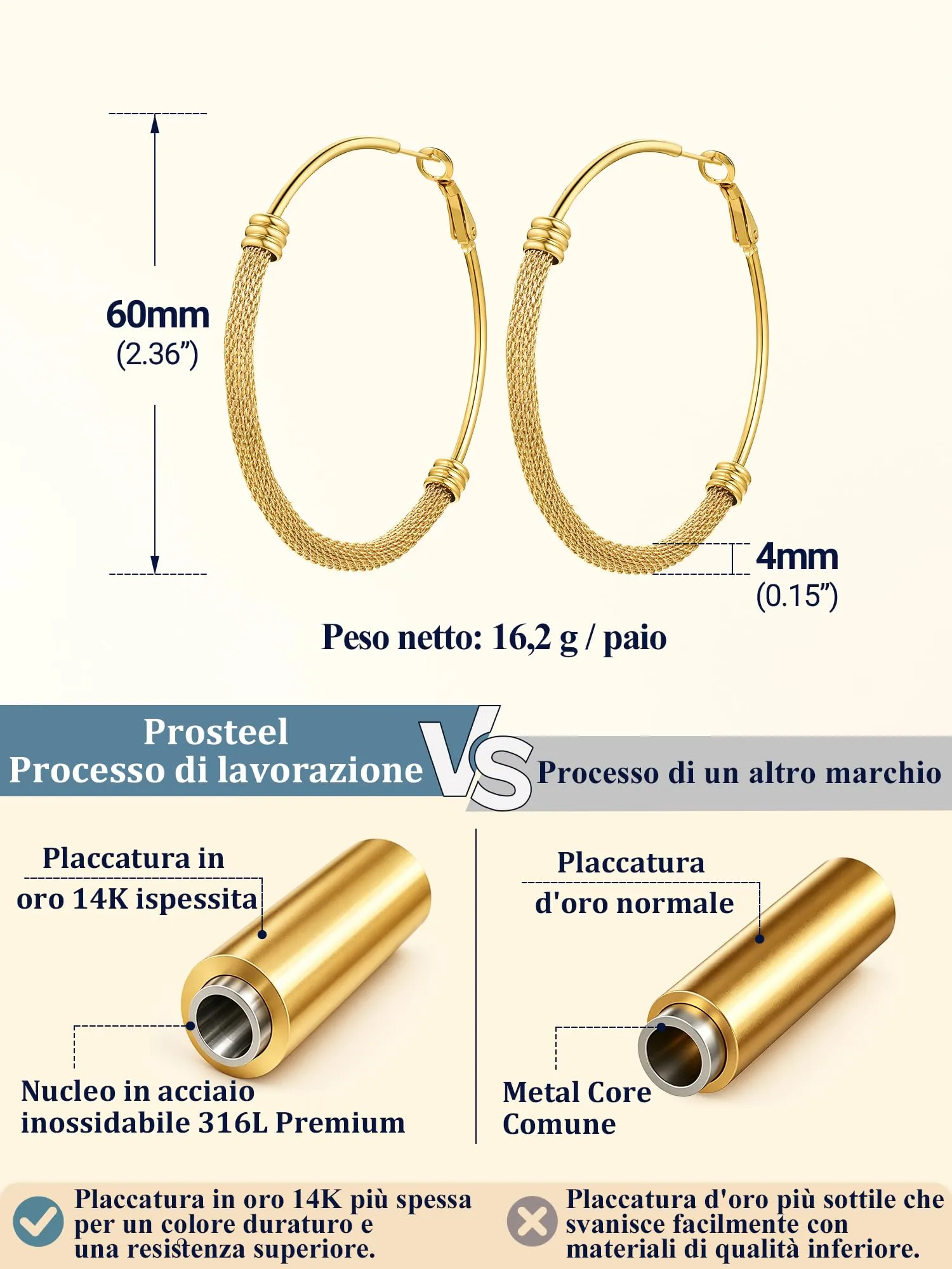 PROSTEEL Orecchini Cerchio a Maglia Metallica in Acciaio Ipoallergenico Oro 60mm - immagine 5