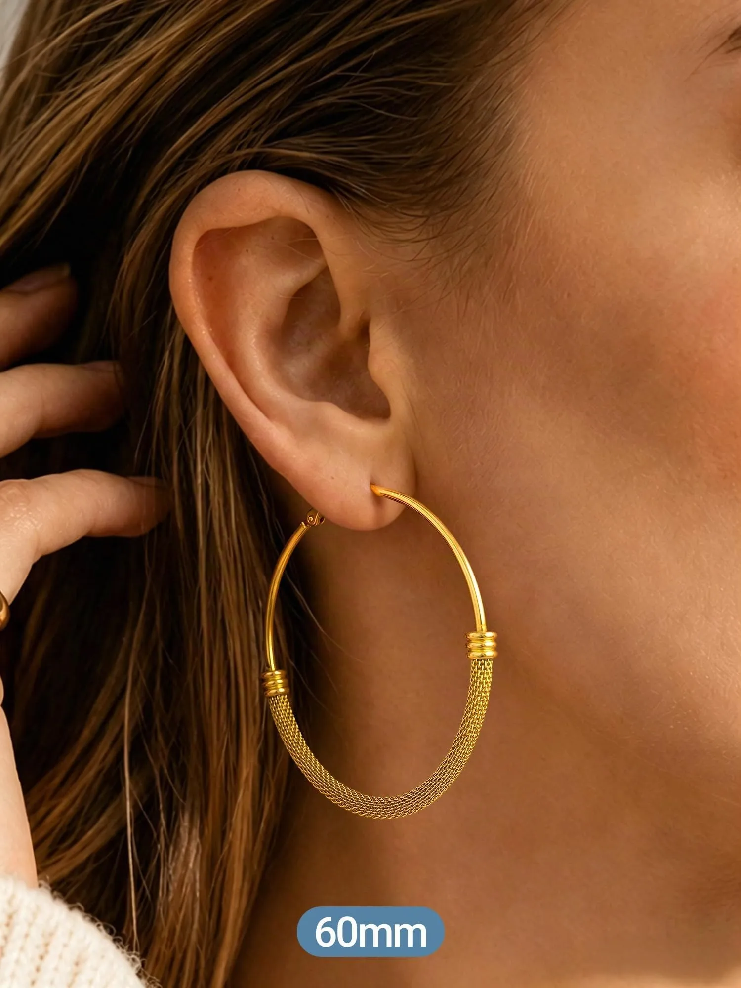 PROSTEEL Orecchini Cerchio a Maglia Metallica in Acciaio Ipoallergenico Oro 60mm - immagine 7
