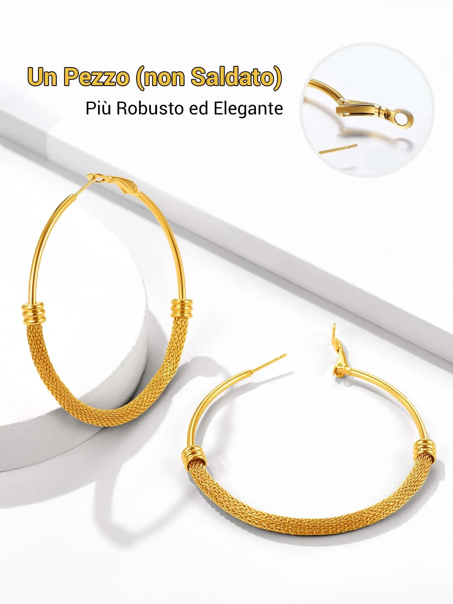 PROSTEEL Orecchini Cerchio a Maglia Metallica in Acciaio Ipoallergenico Oro 60mm - immagine 8