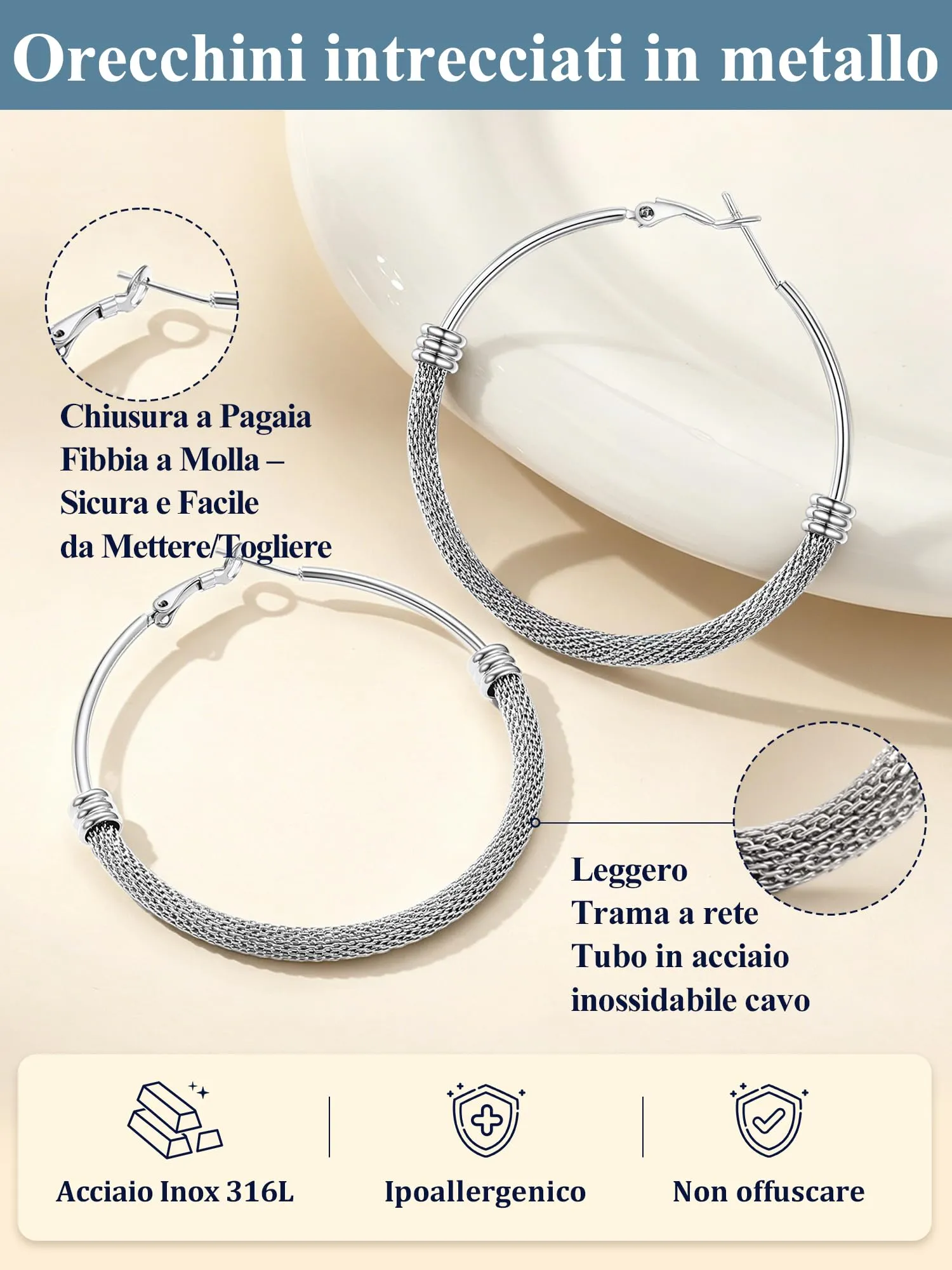 PROSTEEL Orecchini a Cerchio a Maglia Metallica in Acciaio Inossidabile, 60mm, Argento - immagine 3