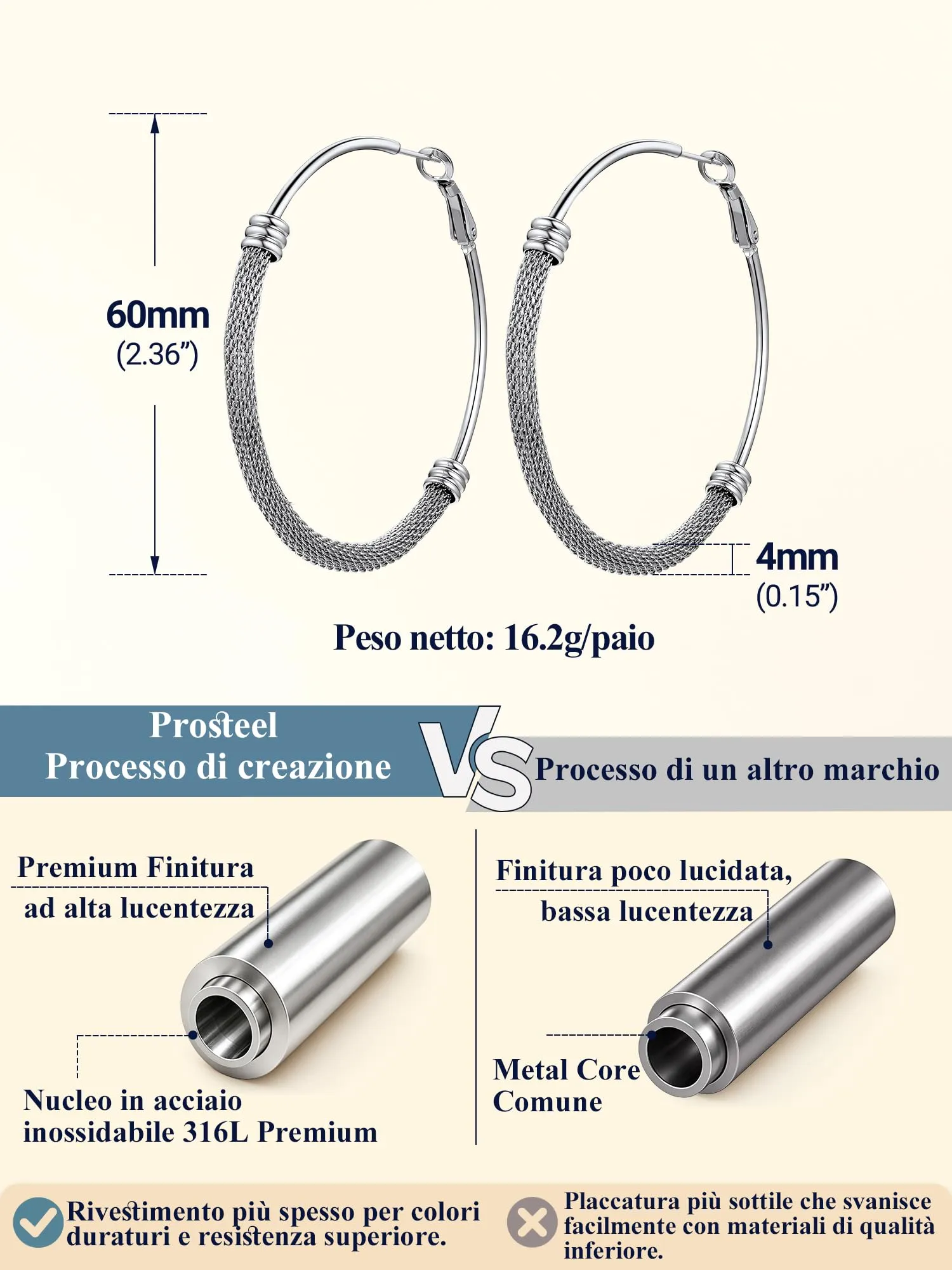 PROSTEEL Orecchini a Cerchio a Maglia Metallica in Acciaio Inossidabile, 60mm, Argento - immagine 6