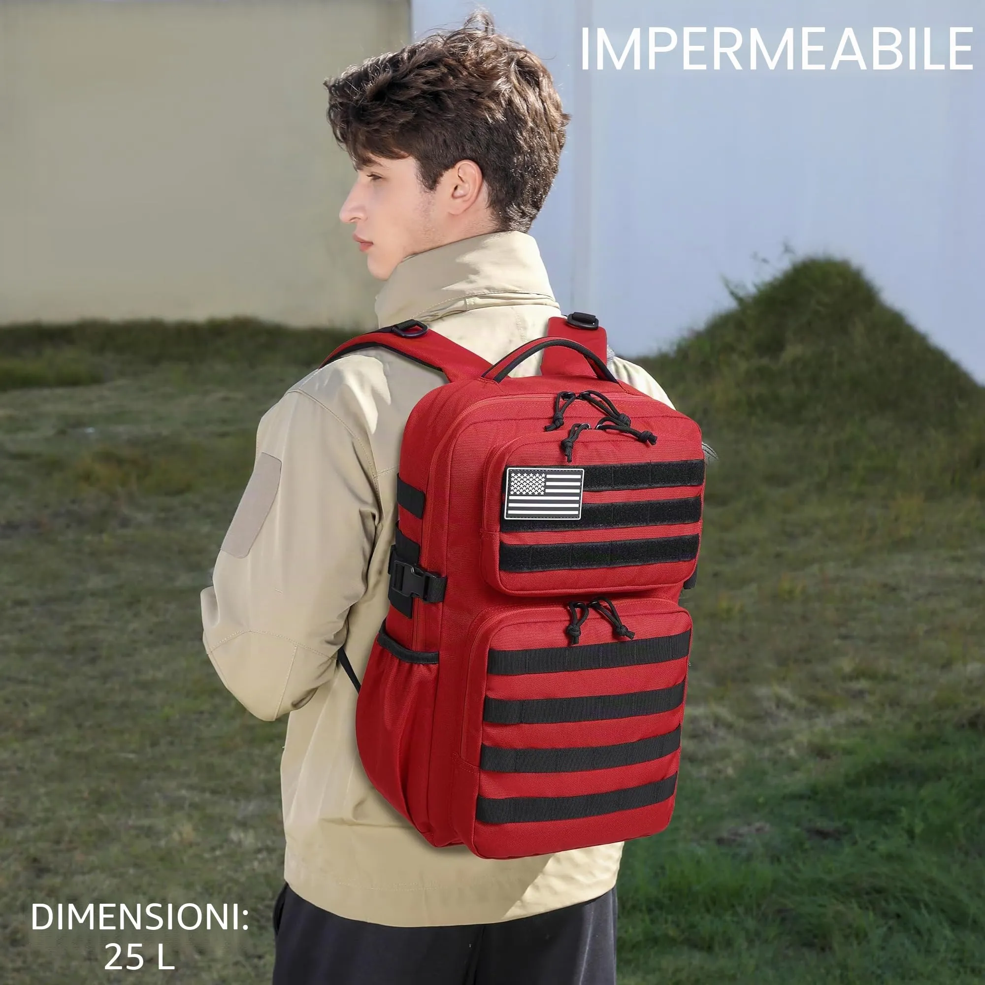 Wotony Zaino Tattico Militare Impermeabile 25L, Rosso/Escursione - immagine 4