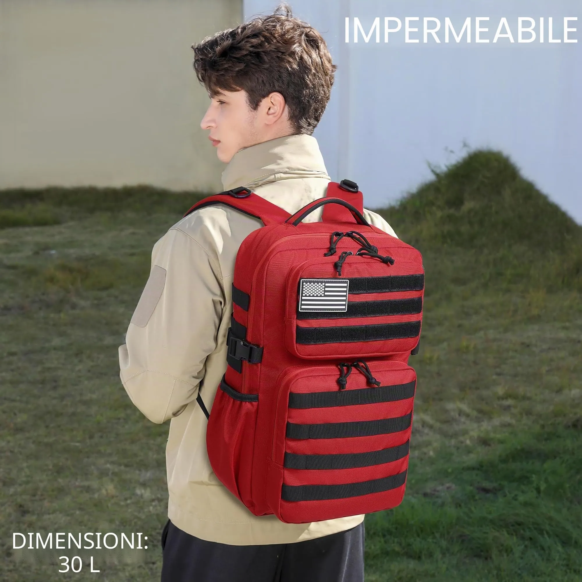 Wotony Zaino Tattico Militare Impermeabile con Sistema Molle, 30L, Rosso - immagine 5