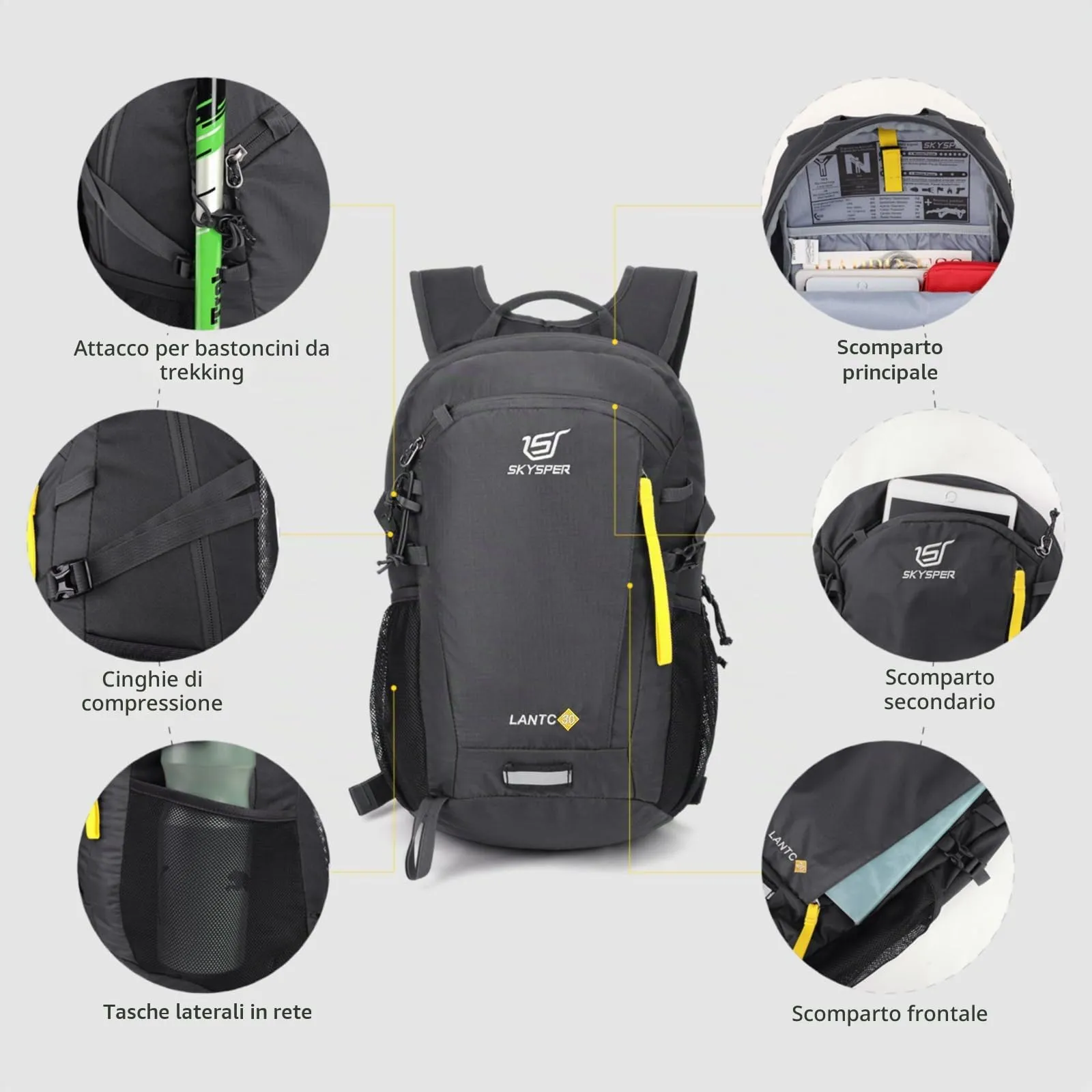 SKYSPER Zaino da Hiking 30L Tartan Grigio Scuro - immagine 5