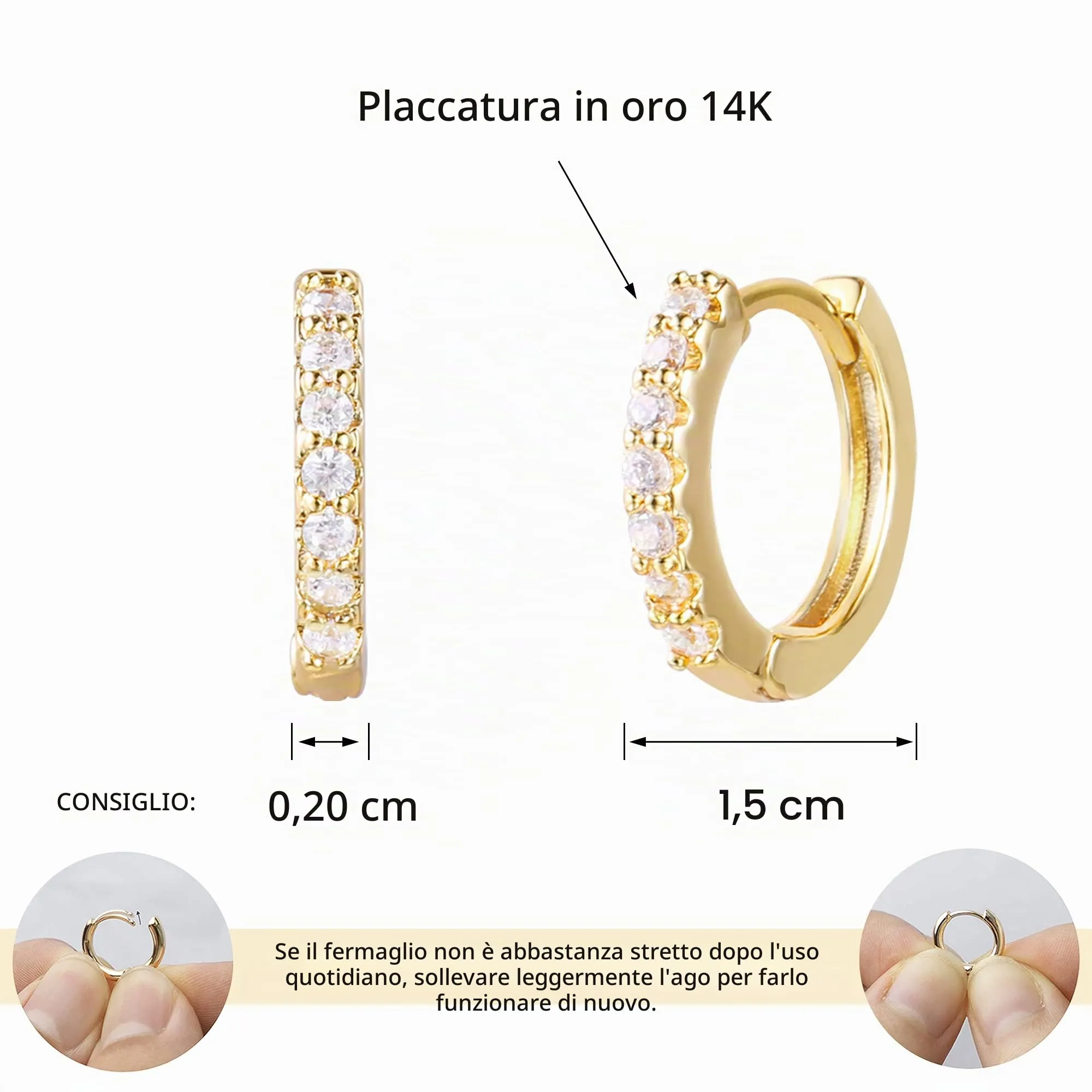 ALEXCRAFT Orecchini a Cerchio Dorati con Zirconi per Donna, 12,5 mm, SC109S15 - immagine 4